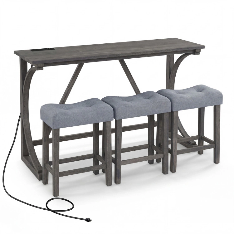 Hivvago 4-Piece Bar Table Set With Power Outlet And Upholstered Saddle Seat Stools