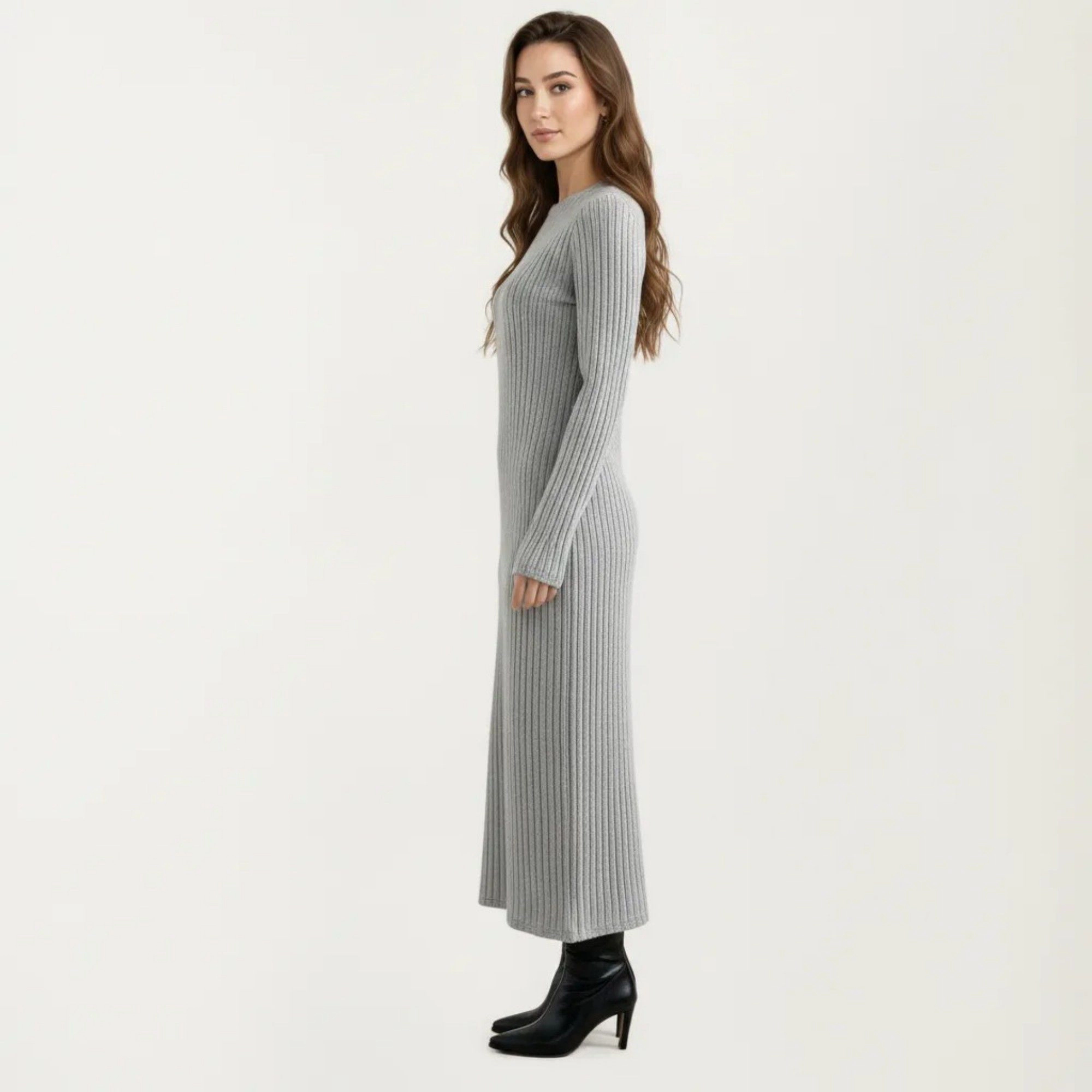 Anna-Kaci Women's Long Sleeve Ribbed Knit Crew Neck Body Skimming Maxi Dress