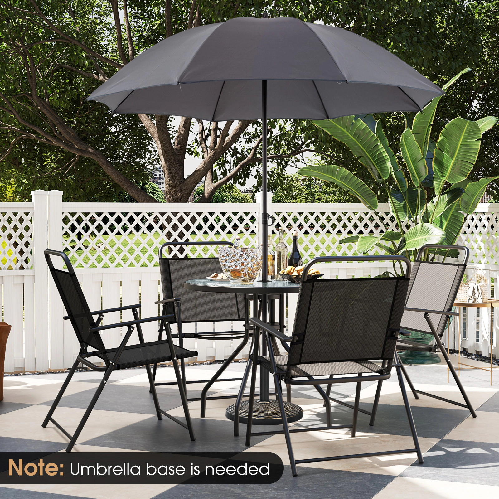 SUGIFT Gray Folding Chairs Tempered Glass Table and Tilt Umbrella 6-Piece Patio Dining Set