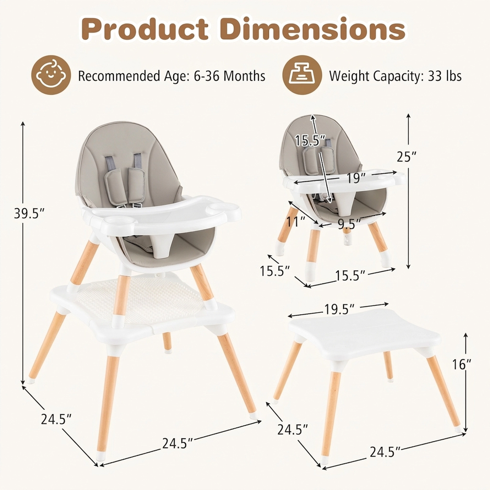 Convertible Birch Wood High Chair for Babies and Toddlers 4-Level Double Tray Grooved Block Tabletop Leg Release