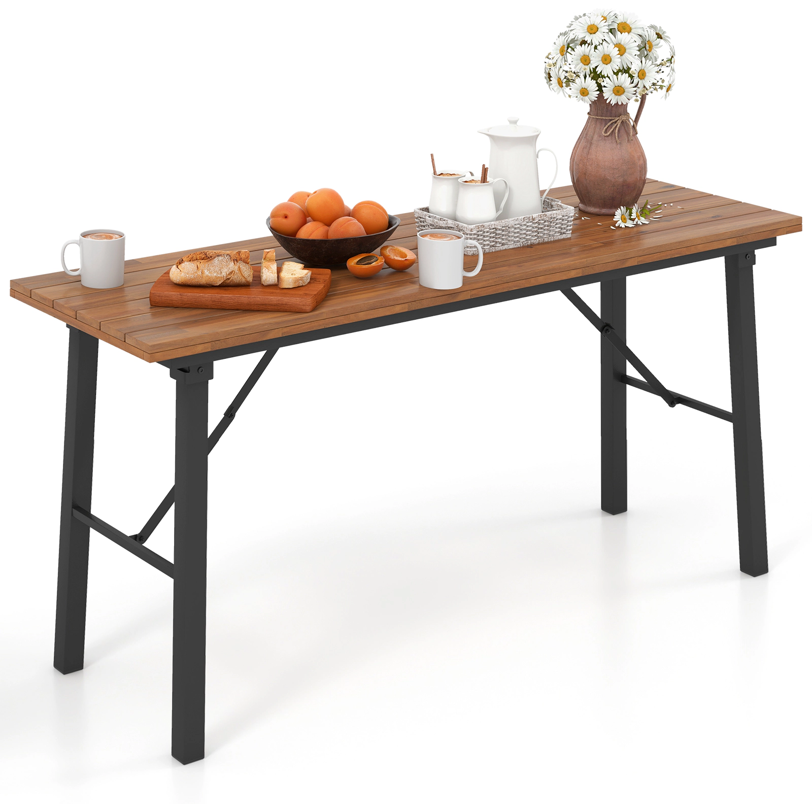 SUGIFT Outdoor Folding Dining Table and Bench Set with Acacia Wood Top 59-in Table 165-lb Capacity 55-in Benches Natural