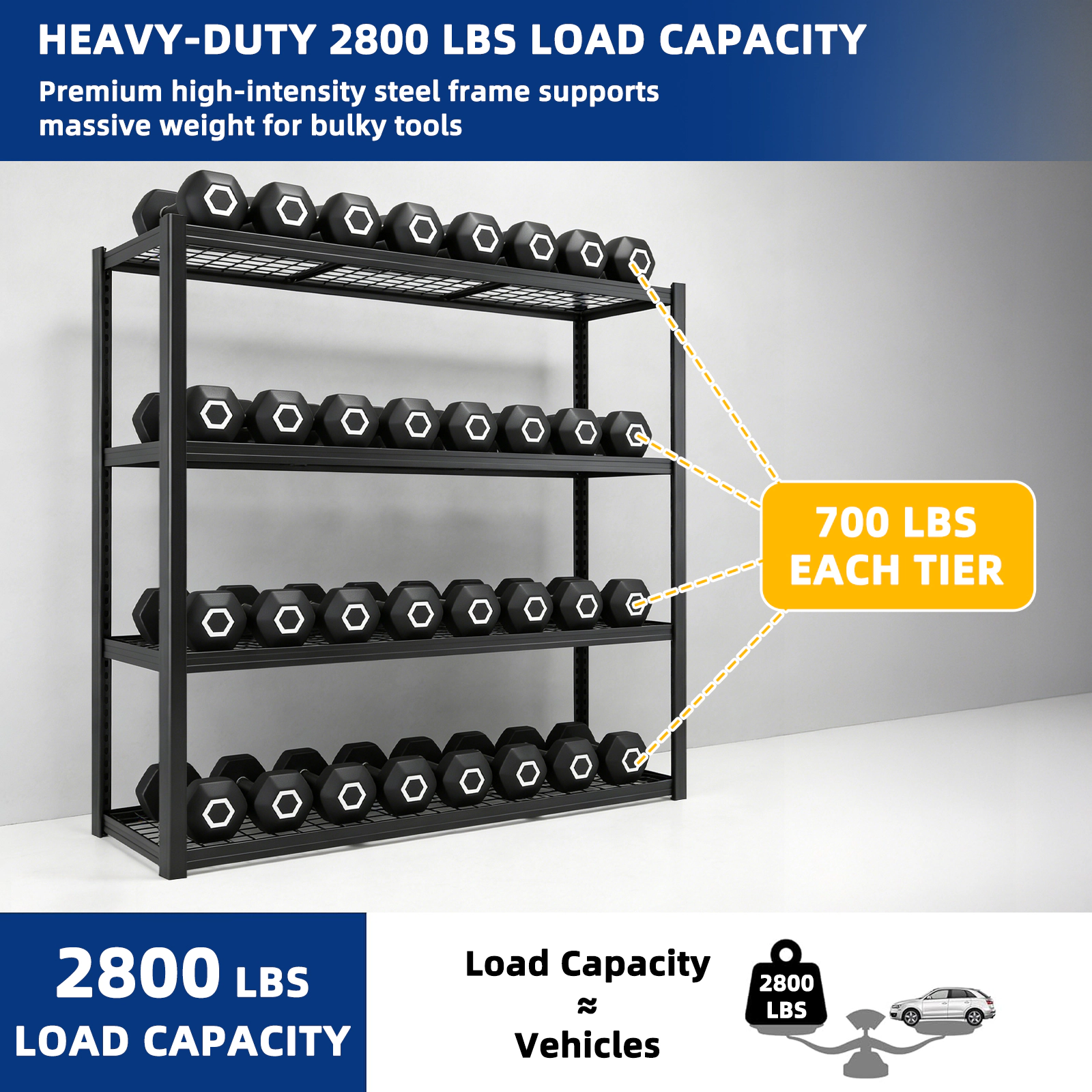 Flynama 4-Tier Garage Shelving Unit, Industrial Steel, Adjustable, Matte Black (71"W x 71"H x 24"D)