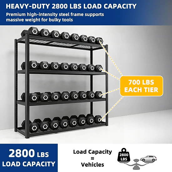 Flynama 4-Tier Garage Shelving Unit, Industrial Steel, Adjustable, Matte Black (71"W x 71"H x 24"D)