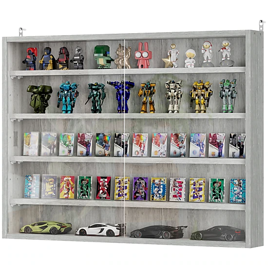 HONGGE 5-Tier Display Cabinet Wall-Mounted Display Case with 2 Glass Doors and Adjustable Shelves