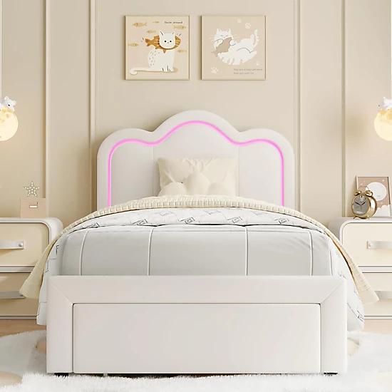 BebreezChic Girls Twin PU Platform Bed Frame with Drawer, Adjustable Upholstered Headboard and Smart LED Lights