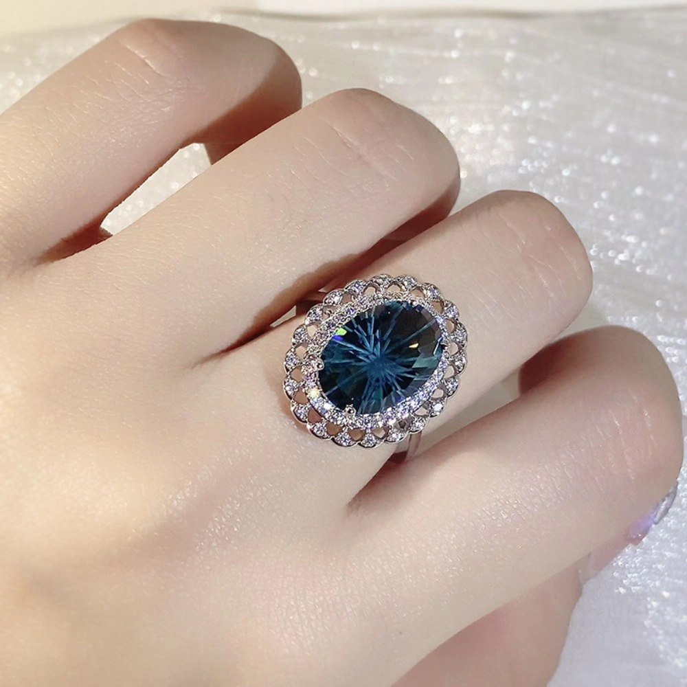 Oval Teal‑Green Cubic Zirconia Double Halo Cocktail Ring Silver‑Tone Luxury Statement Ring for Women