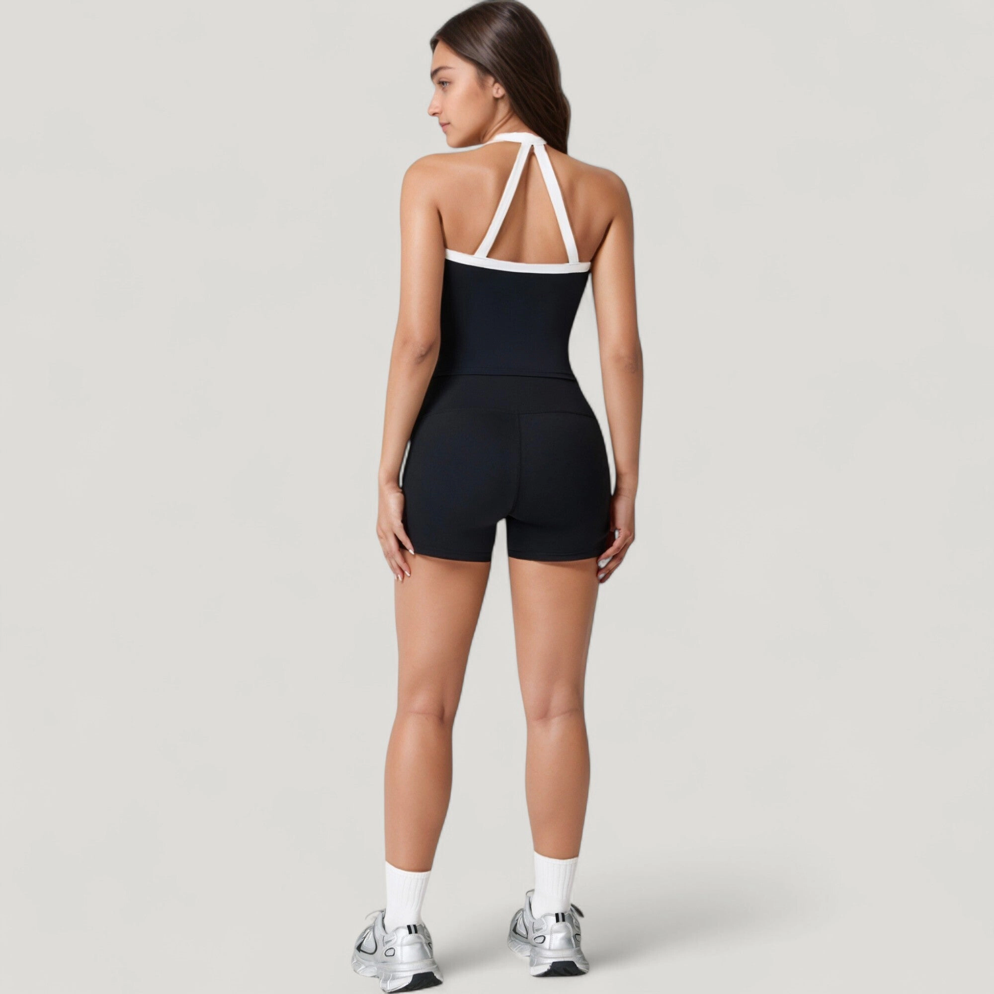 Anna-Kaci Womens Square Neck Contrast Trim Cropped Active Tank with Built-In Bra