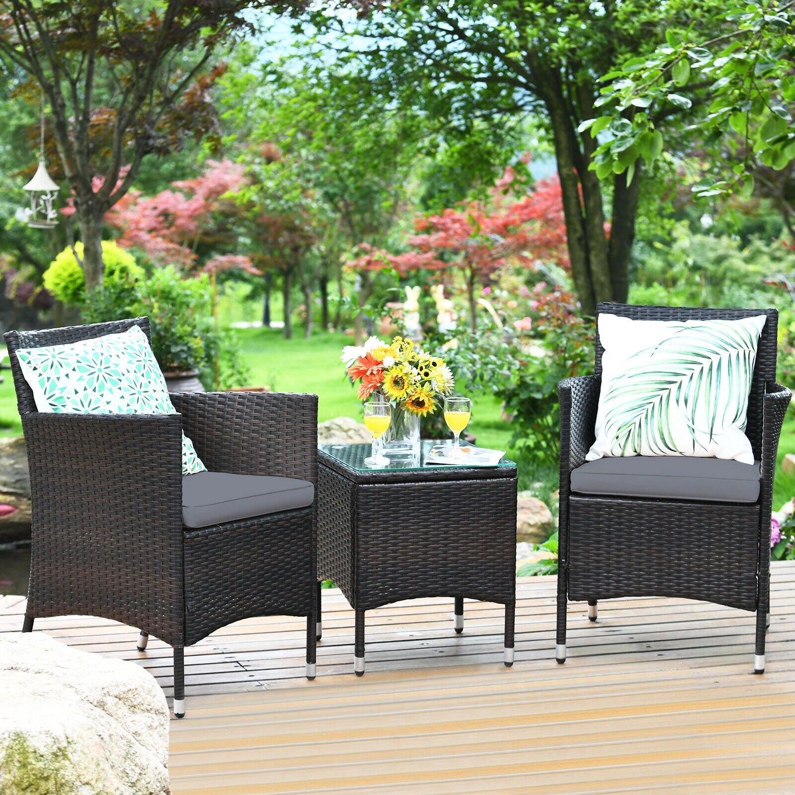 SUGIFT 3-Piece Gray Outdoor Rattan Wicker Set with Cradle-Seat Chairs and Glass Table