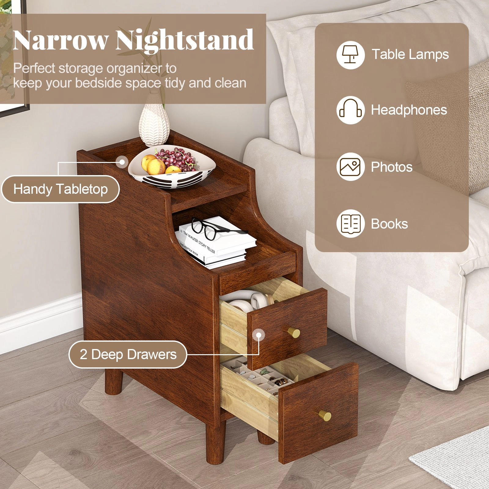 SlickBlue Narrow Nightstand with 2 Drawers and Pull Out Tray