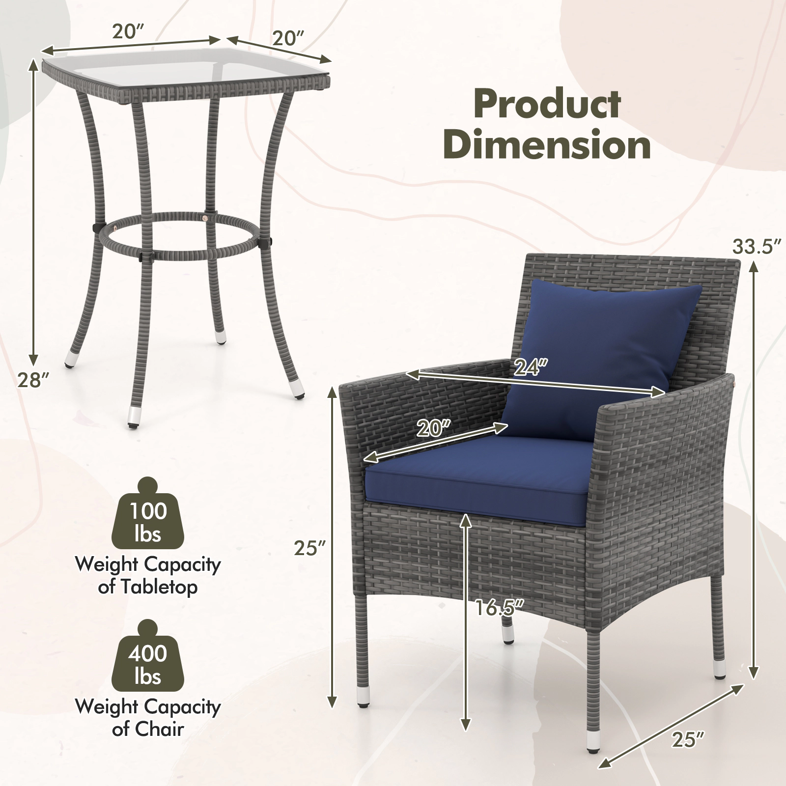 SUGIFT Navy Cushions and Tempered Glass Side Table 3-Piece Patio Rattan Chair Set