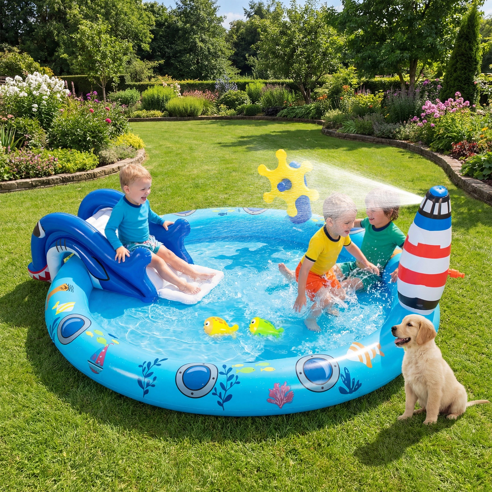 SUGIFT Shark Slide Lighthouse Sprinkler and Fishing Game Kids Inflatable Marine Spray Pool Play Center