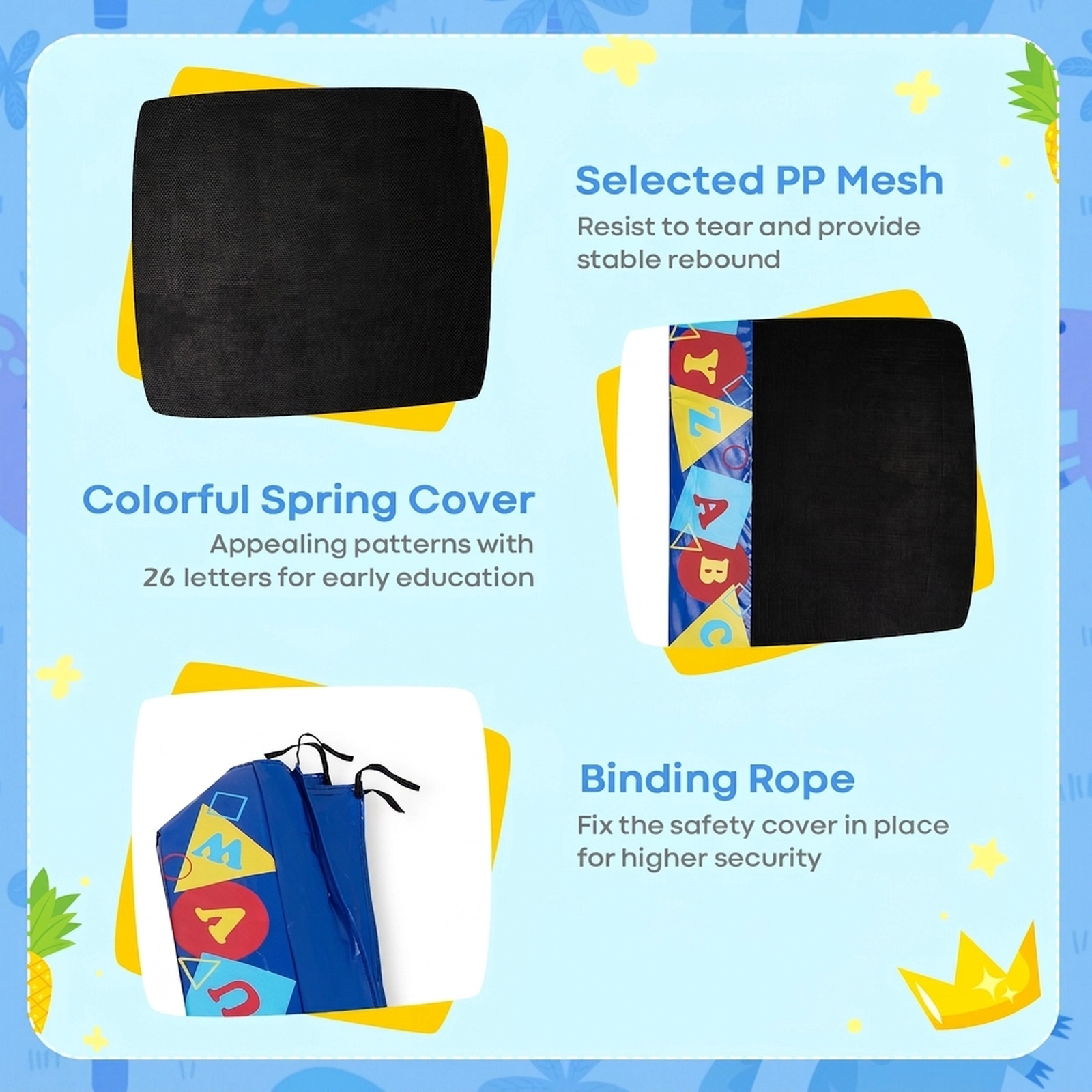 36-in Square Trampoline for Kids Foam Handrail 330-lb Capacity 24-Letter Alphabet Mat Safety Cover Blue