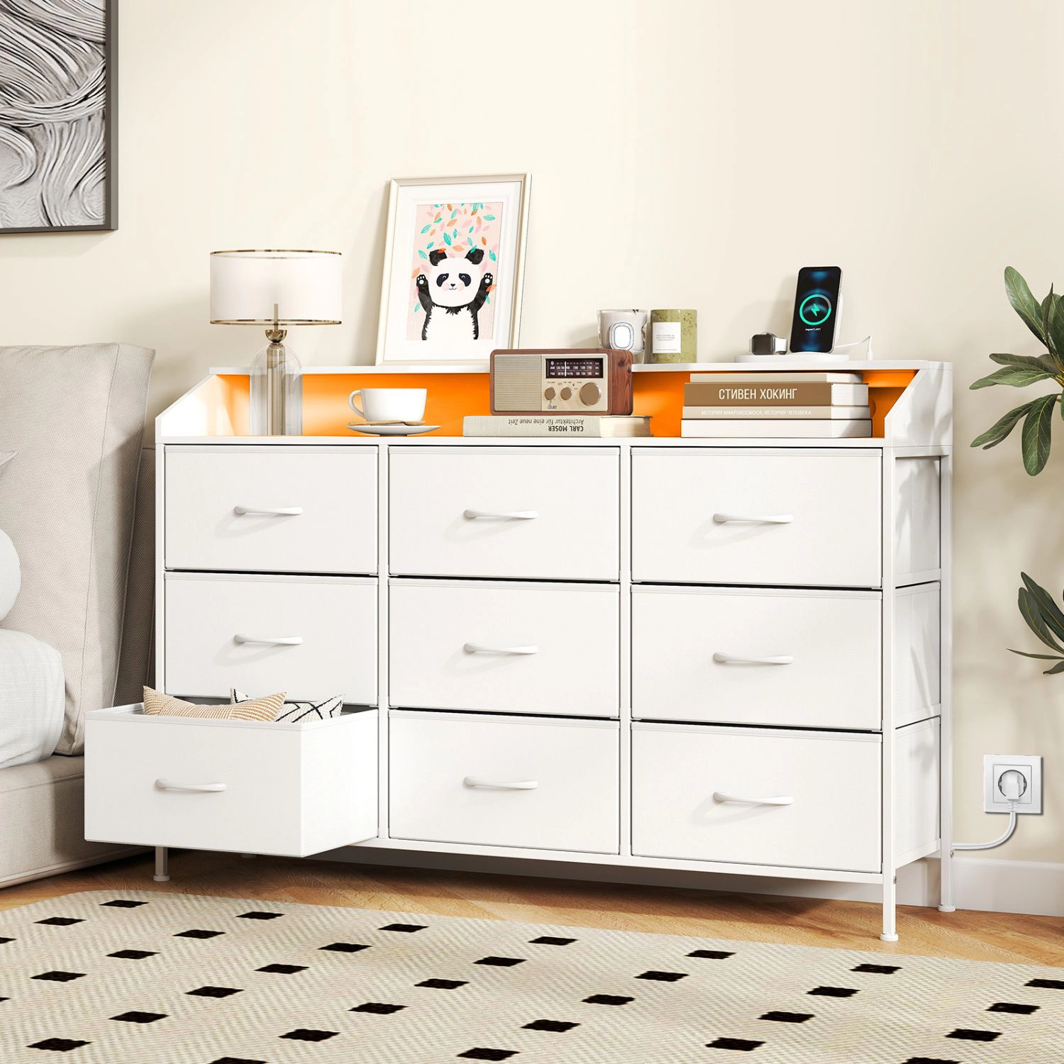 SlickBlue LED Storage Dresser with 9 Fabric Drawers & Charging Station