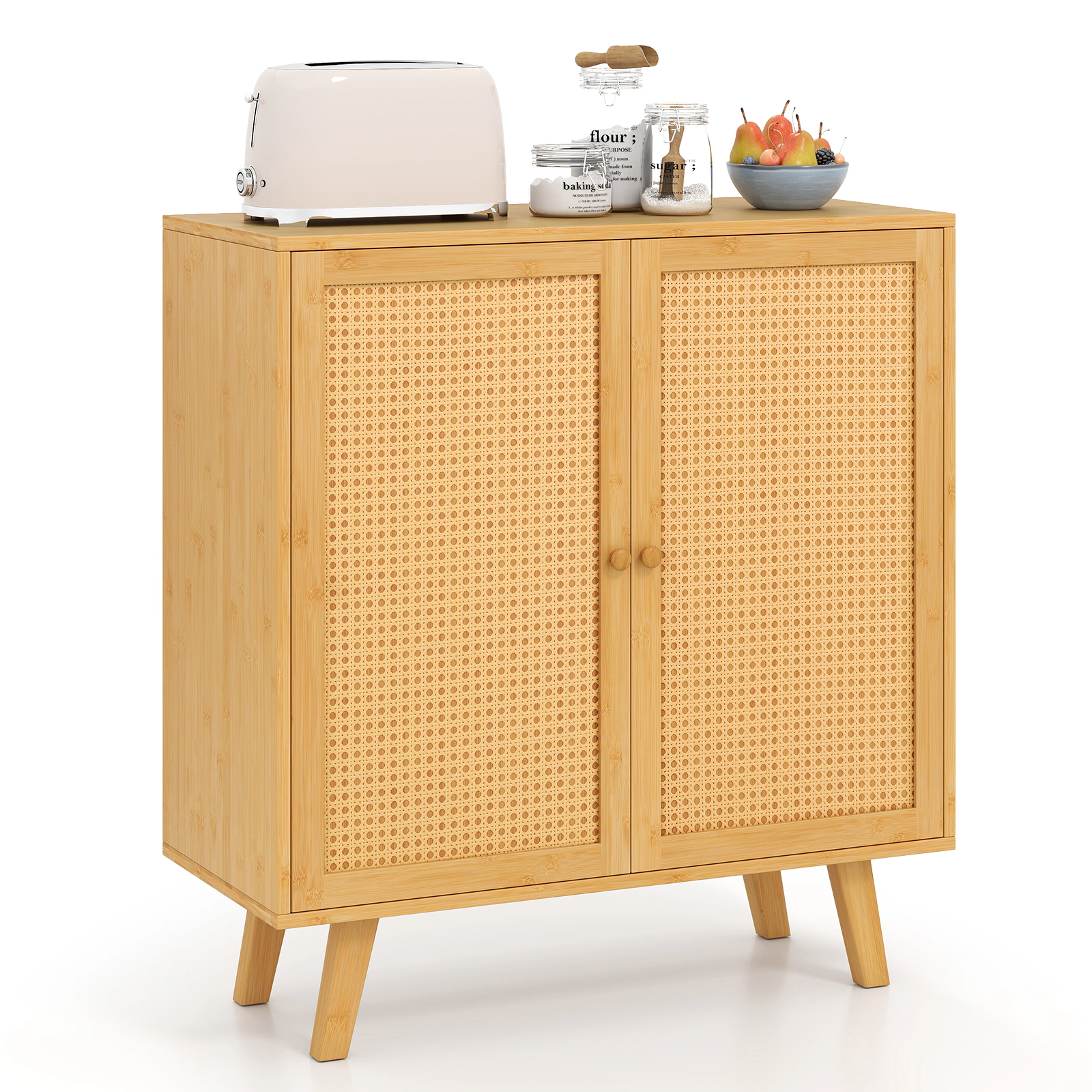 SUGIFT 31.5-in Natural Bamboo Buffet Cabinet with PE Rattan Doors and Shelf Freestanding Kitchen Cupboard