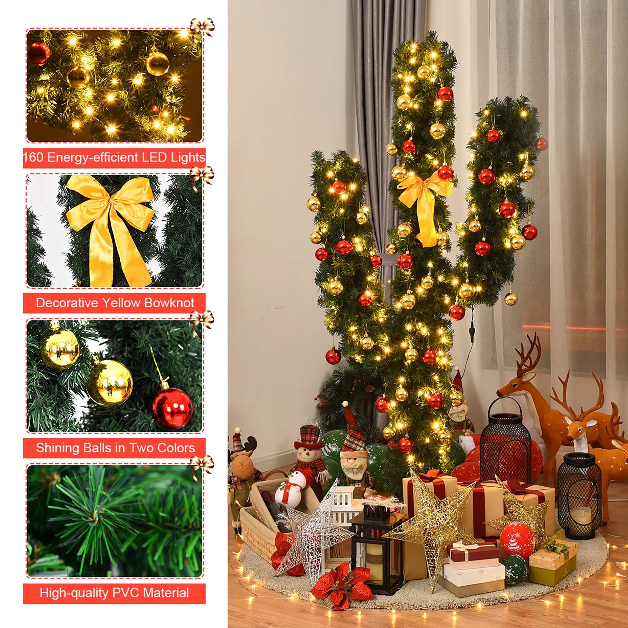 Costway 6Ft Pre-Lit Cactus Christmas Tree LED Lights Ball Ornaments
