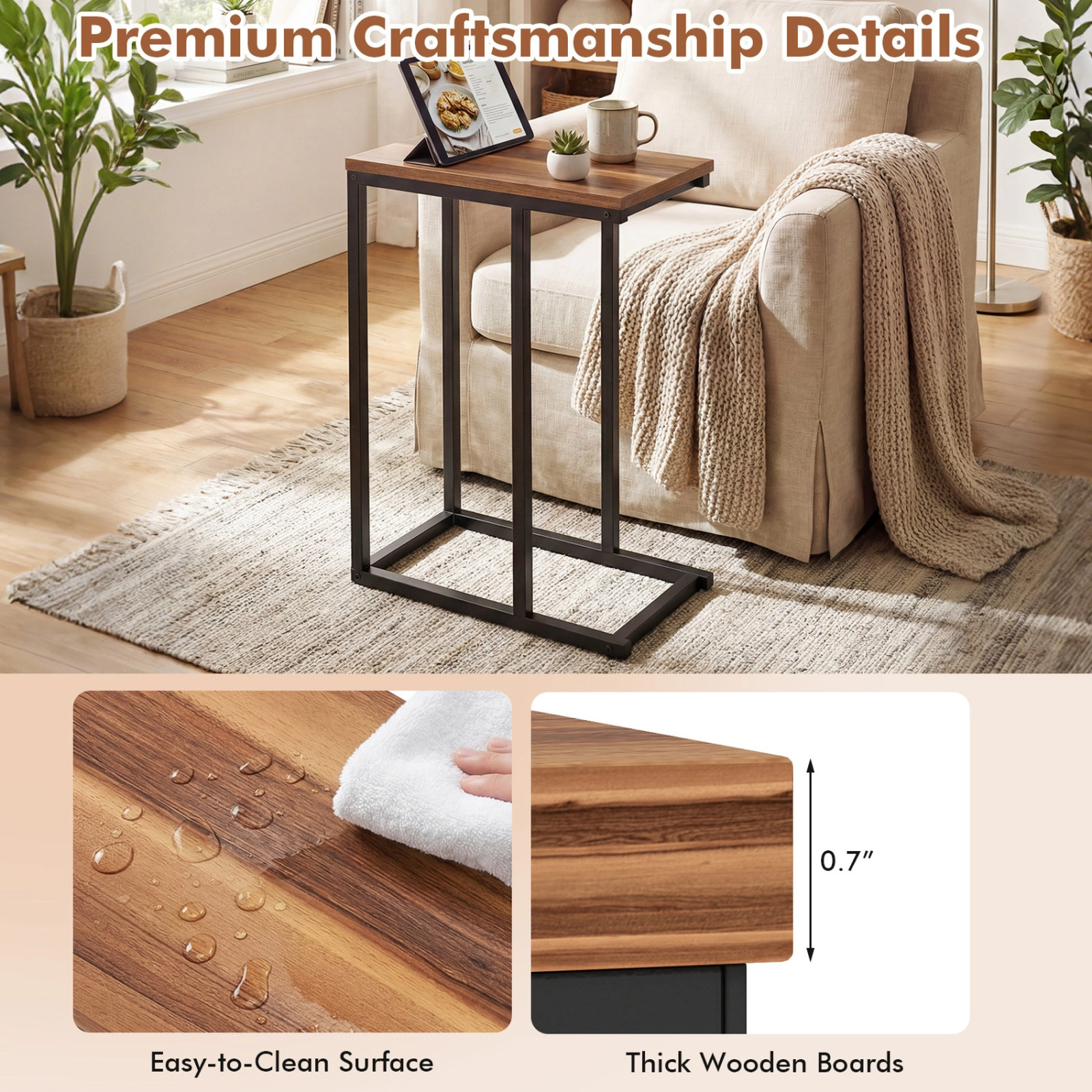 SUGIFT Sturdy Metal Frame and 18 in Tabletop Walnut C-Shaped End Table