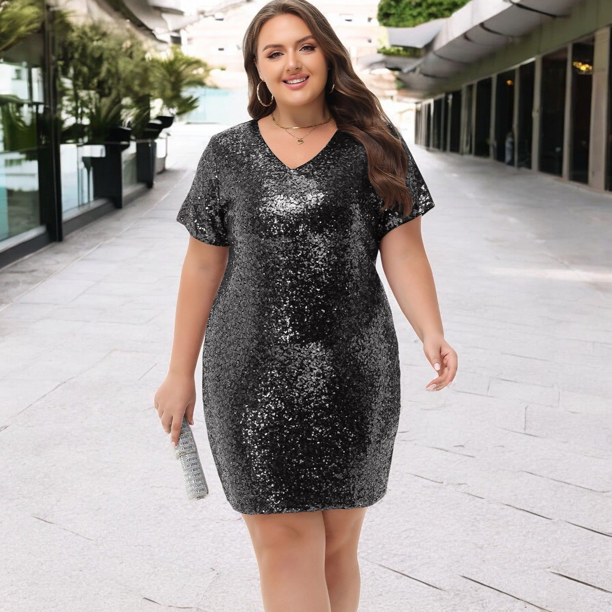 Anna-Kaci Women's Plus Sequin V Neck Short Sleeve Party Dress