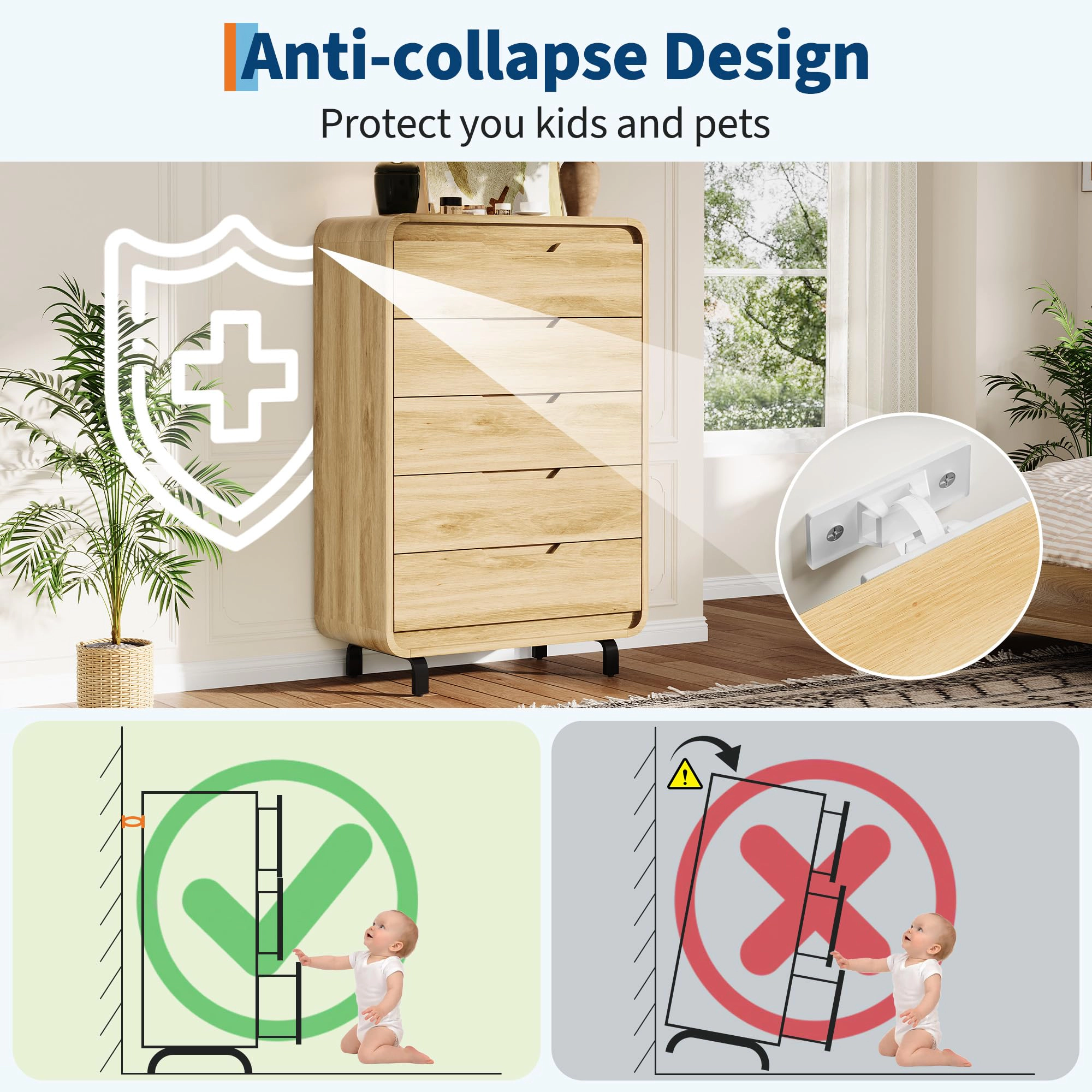 48" Tall 5 Drawer Wood Dresser with Handleless & Detachable Legs, Modern Storage Chest