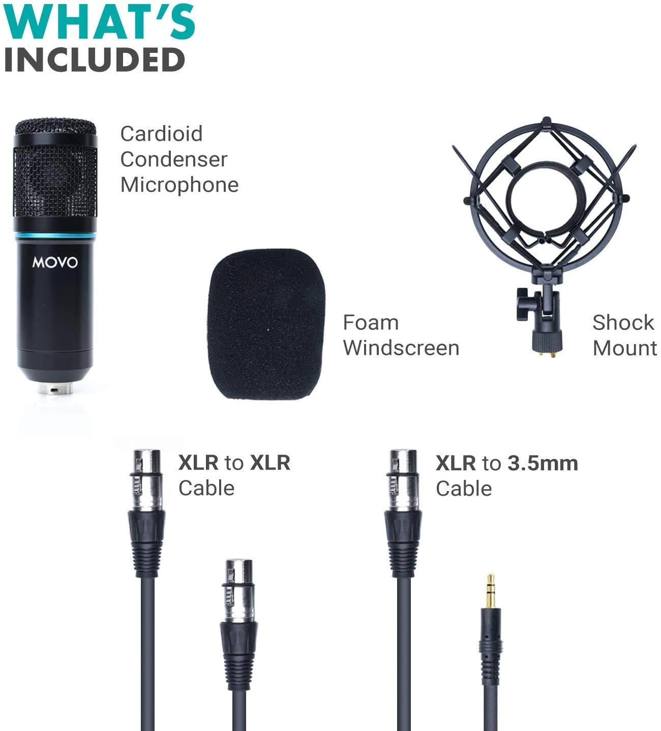 Movo PC-M6 Universal Cardioid Condenser Microphone with XLR and 3.5mm, Shock Mount, and Windscreen - Perfect