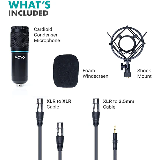 Movo PC-M6 Universal Cardioid Condenser Microphone with XLR and 3.5mm, Shock Mount, and Windscreen - Perfect