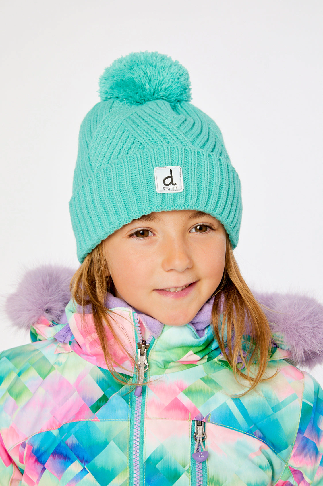 Deux par Deux Girls Chevron-Textured Winter Knit Hat with Pompom