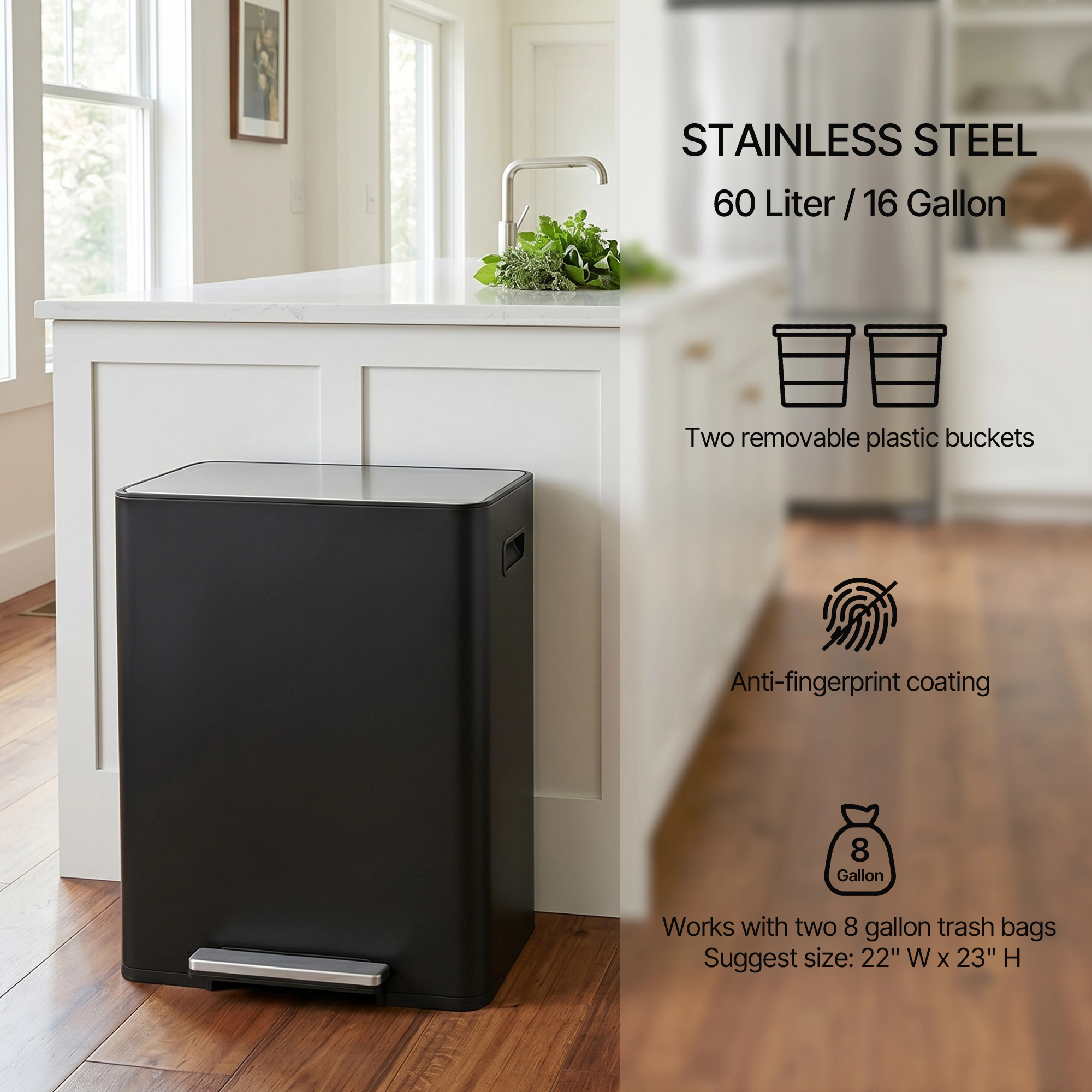 Innovaze Rectangular Stainless Steel Recycle Step-on Trash Can with Dual 30 liter + 30 liter Compartments