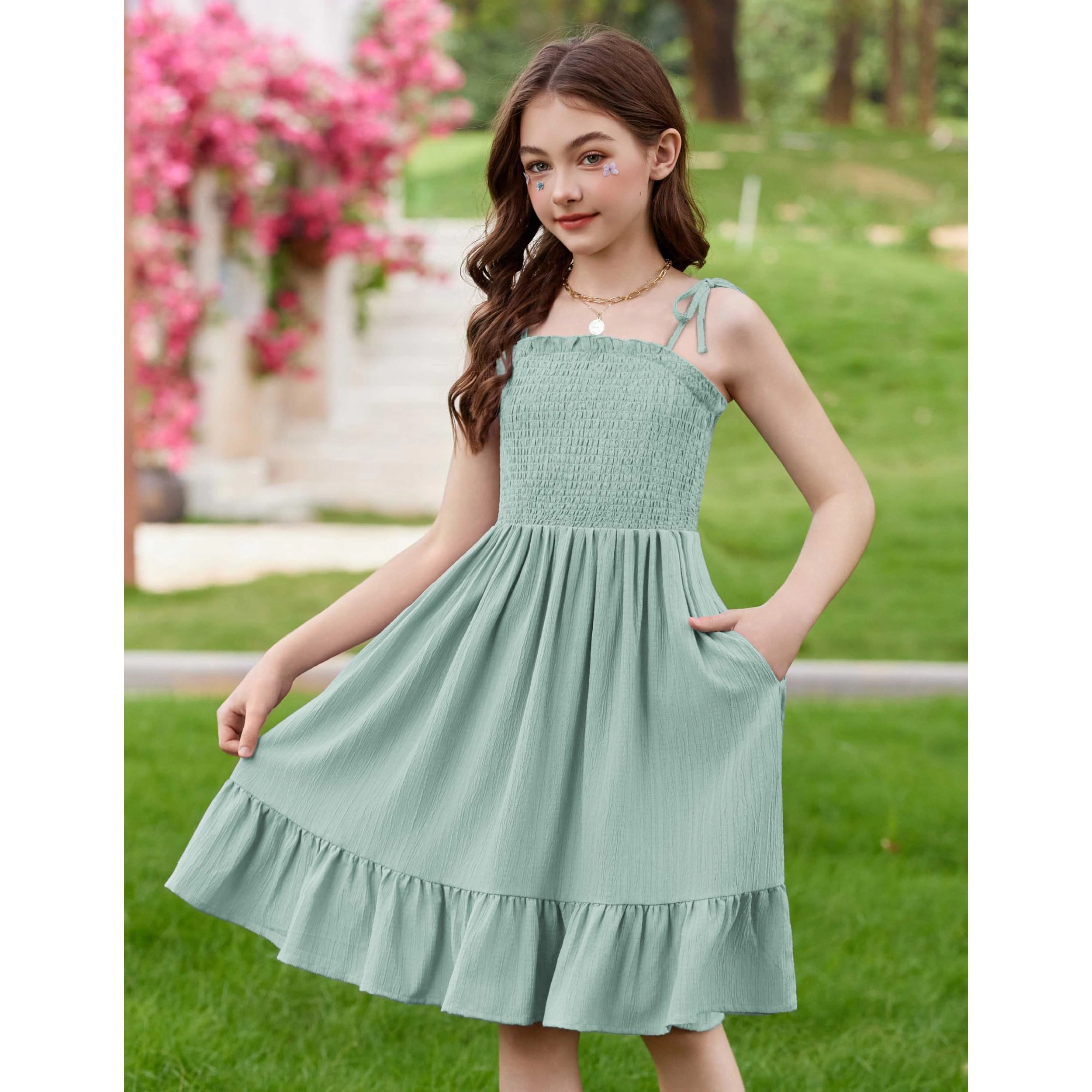 Arshiner Girls Party Dress Midi Cami High Waist Casual Dresses With Pockets Cute Sundress