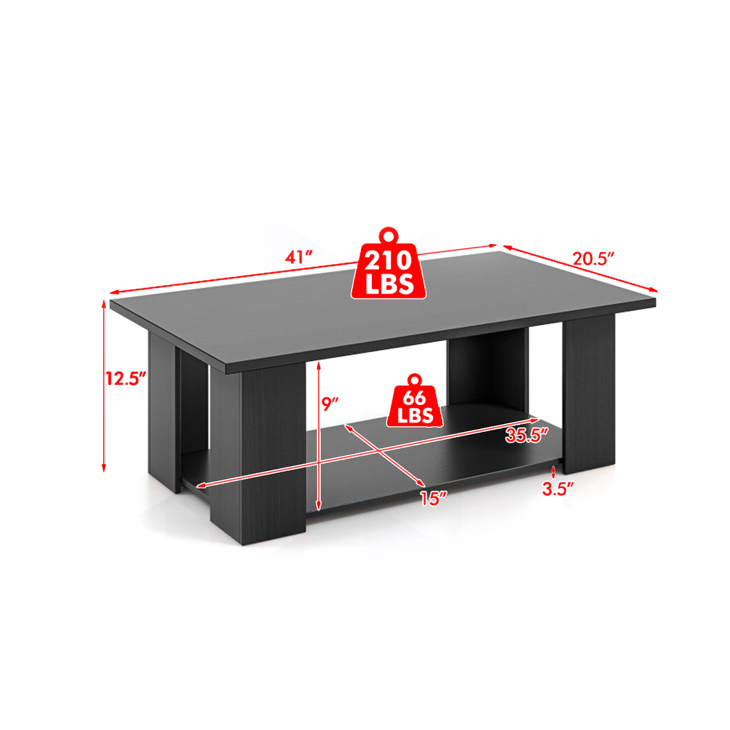 Hivvago Large Rectangular Coffee Table with Two-Tier Wooden Design and Storage Space