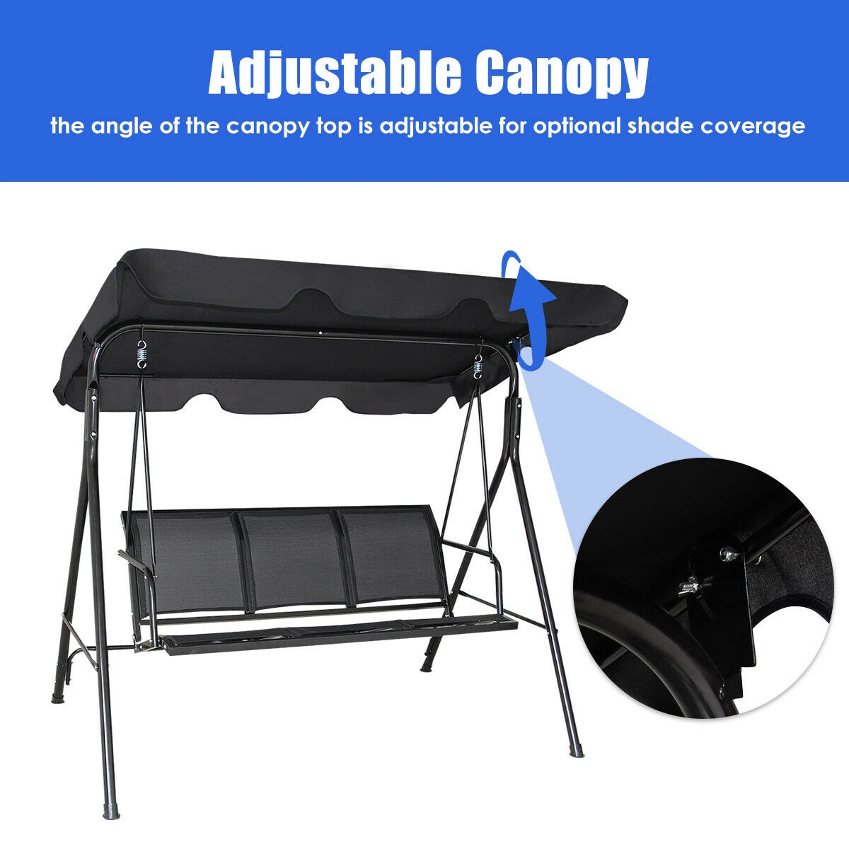 LJG Outdoor Patio 3 Person Porch Swing Bench Chair with Canopy