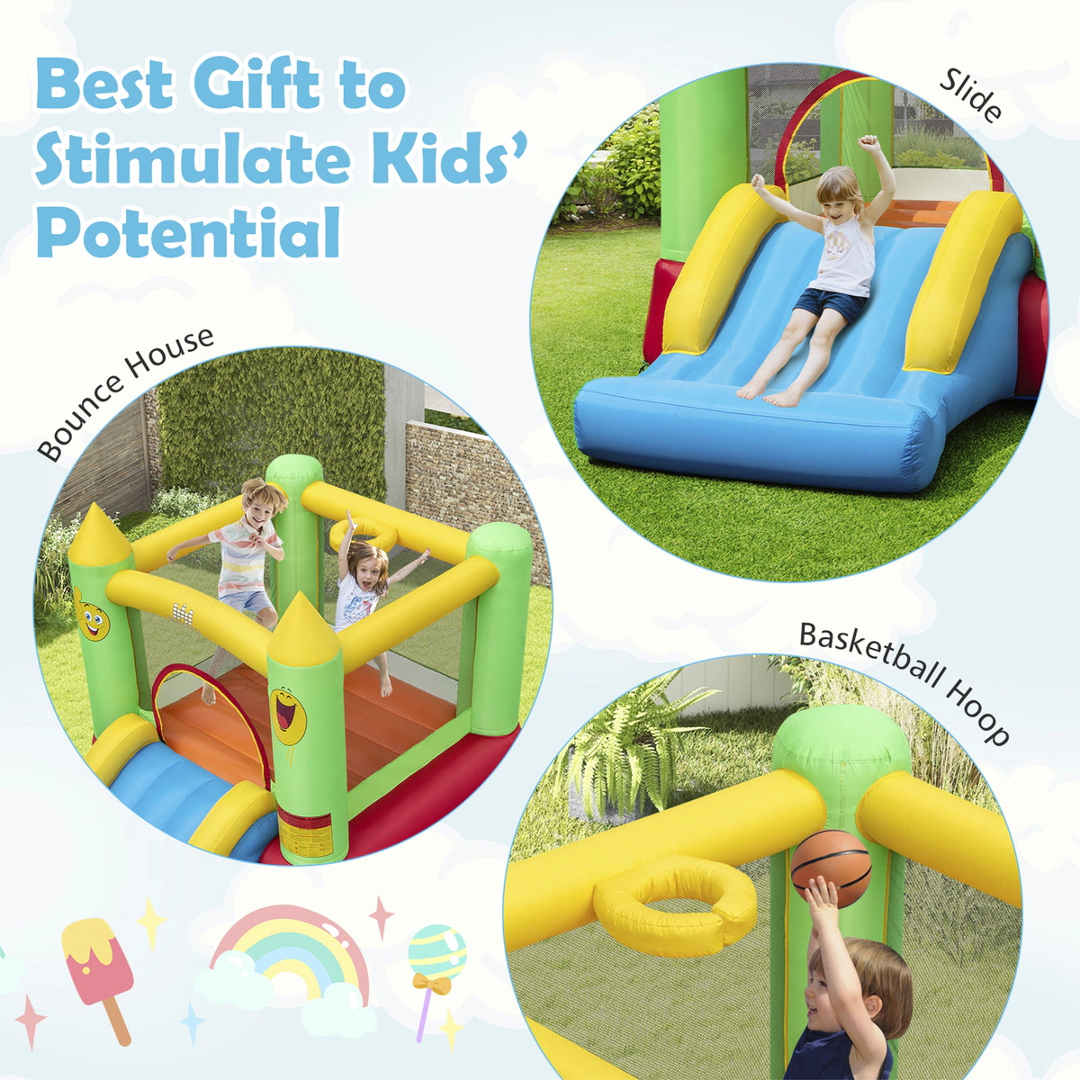 SUGIFT Slide Basketball Hoop and 480W Blower Inflatable Bounce House Kids Bouncer