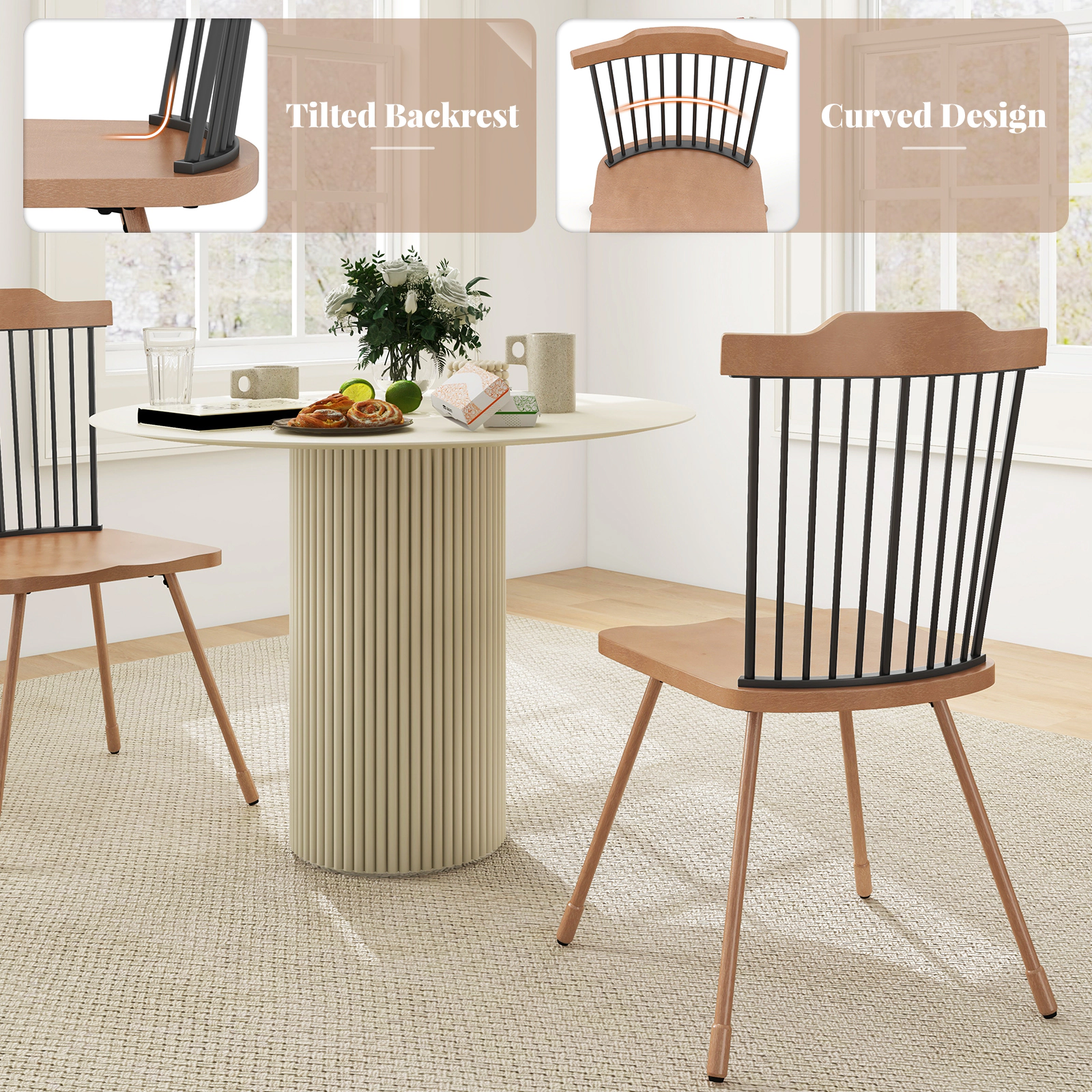 SUGIFT Spindle Back Dining Chair Set of 2 with Ergonomic Contoured Seat 350-lb Capacity Natural + Black