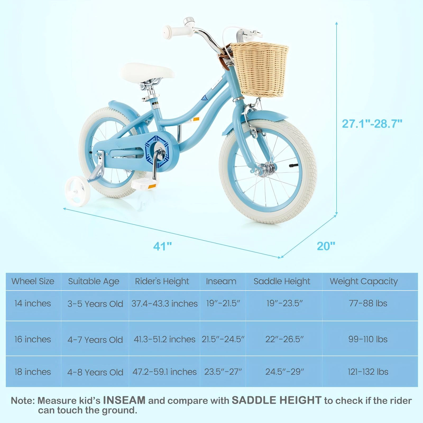 SUGIFT 14-Inch Kids Bike with Training Wheels and Adjustable Handlebar Seat 77-88-lb Capacity Ages 3-5 Blue
