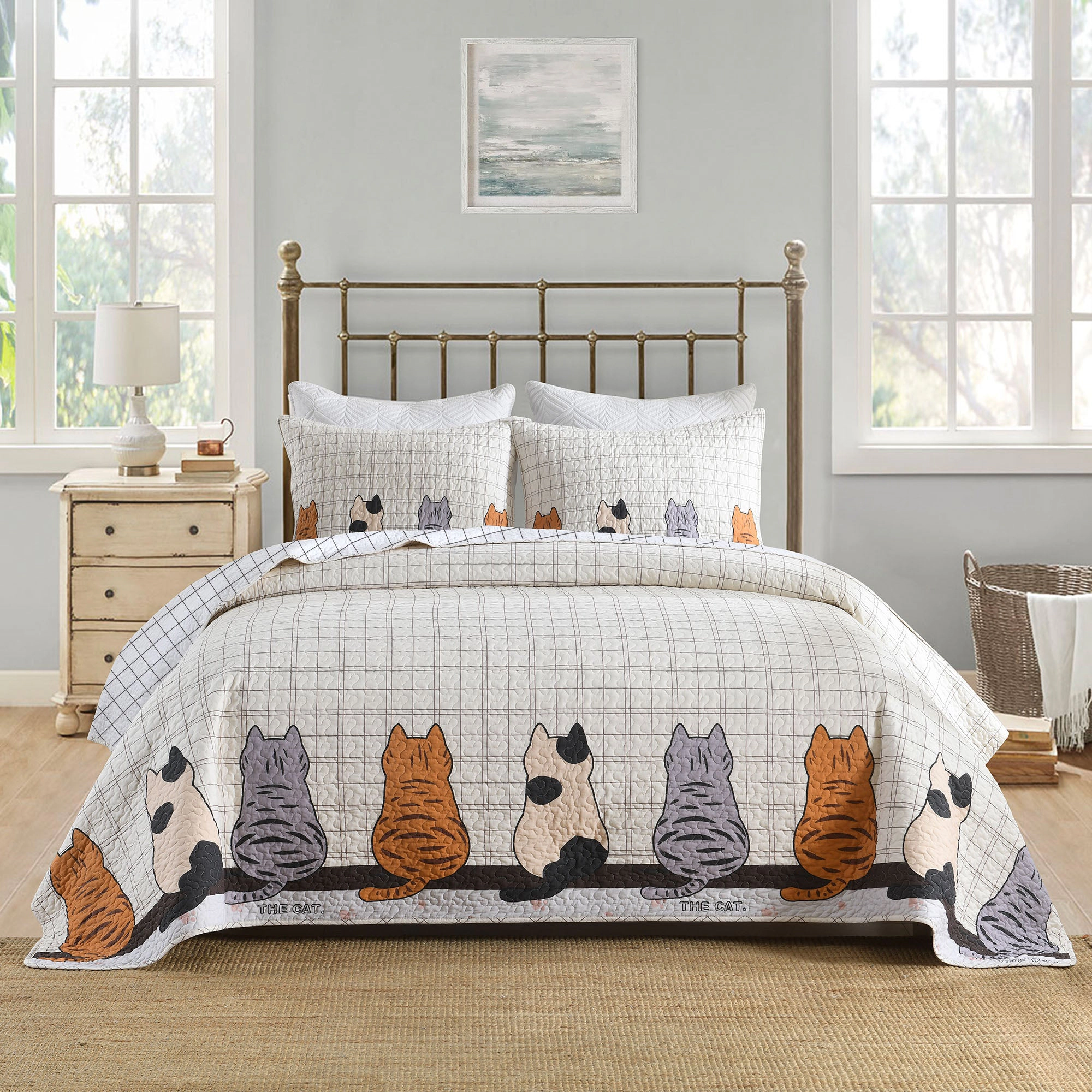 MarCielo 3 Pieces Elegant Cat Silhouette Checkered Quilt Bedspread Set