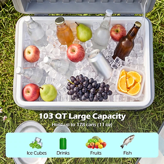 SUGIFT 103-qt Gray Large Wheeled Ice Chest Cooler with Foldable Pull Handle and 5 to 7 Day Ice Retention