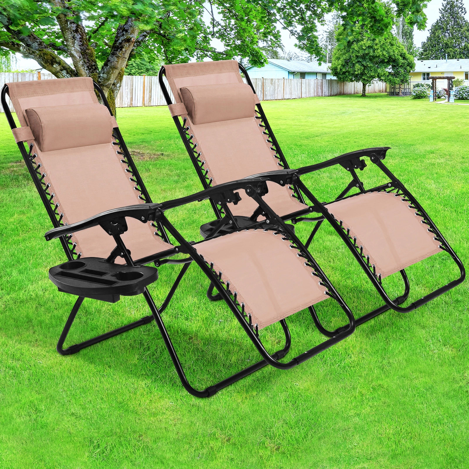 SUGIFT Set of 2 Removable Tray 0-160 Degree Recline Zero Gravity Lounge Chairs 57-in x 25-in 310-lb Capacity Beige