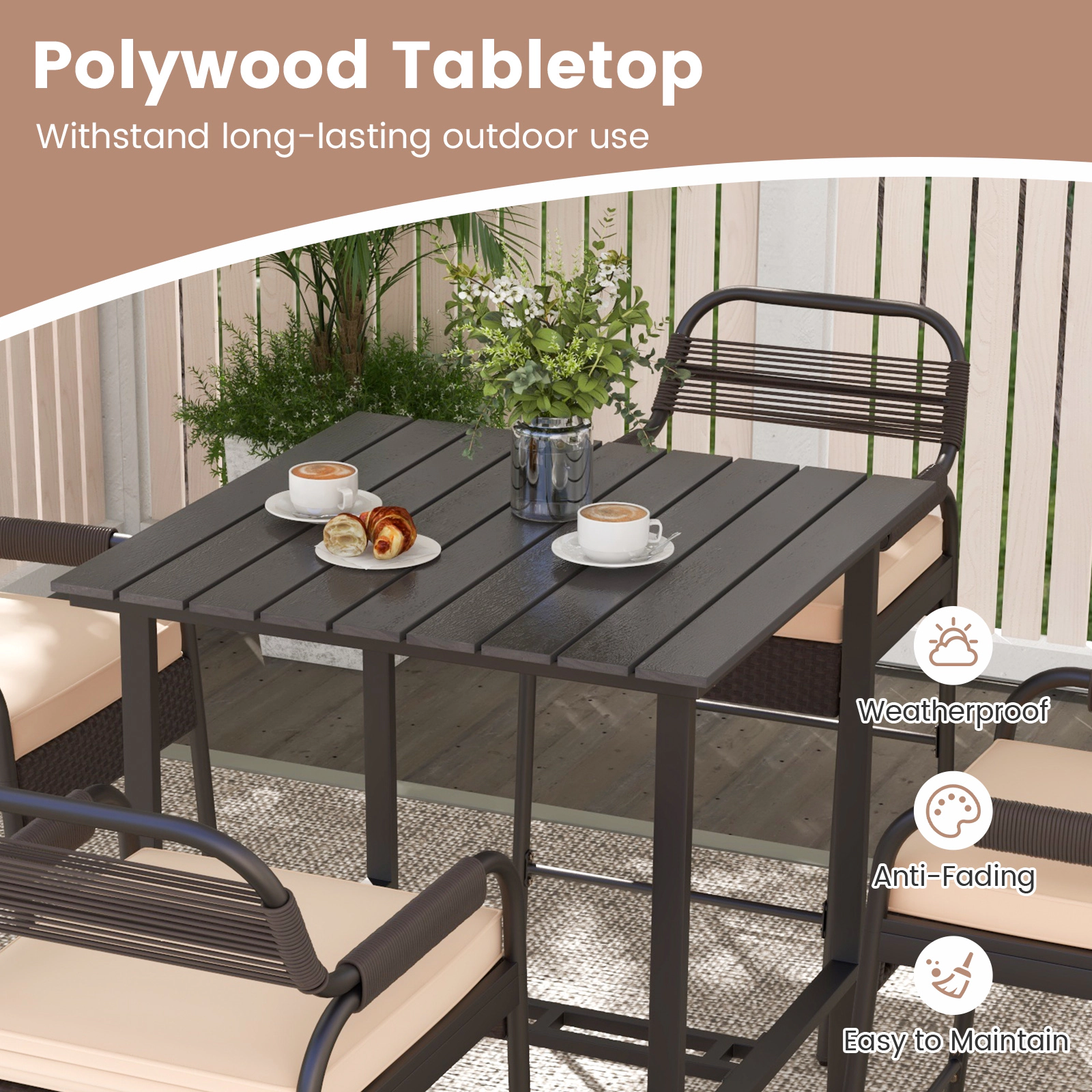 SUGIFT 5-Piece Outdoor Patio Bar Set, Polywood Table and 4 Cushioned Wicker Stools
