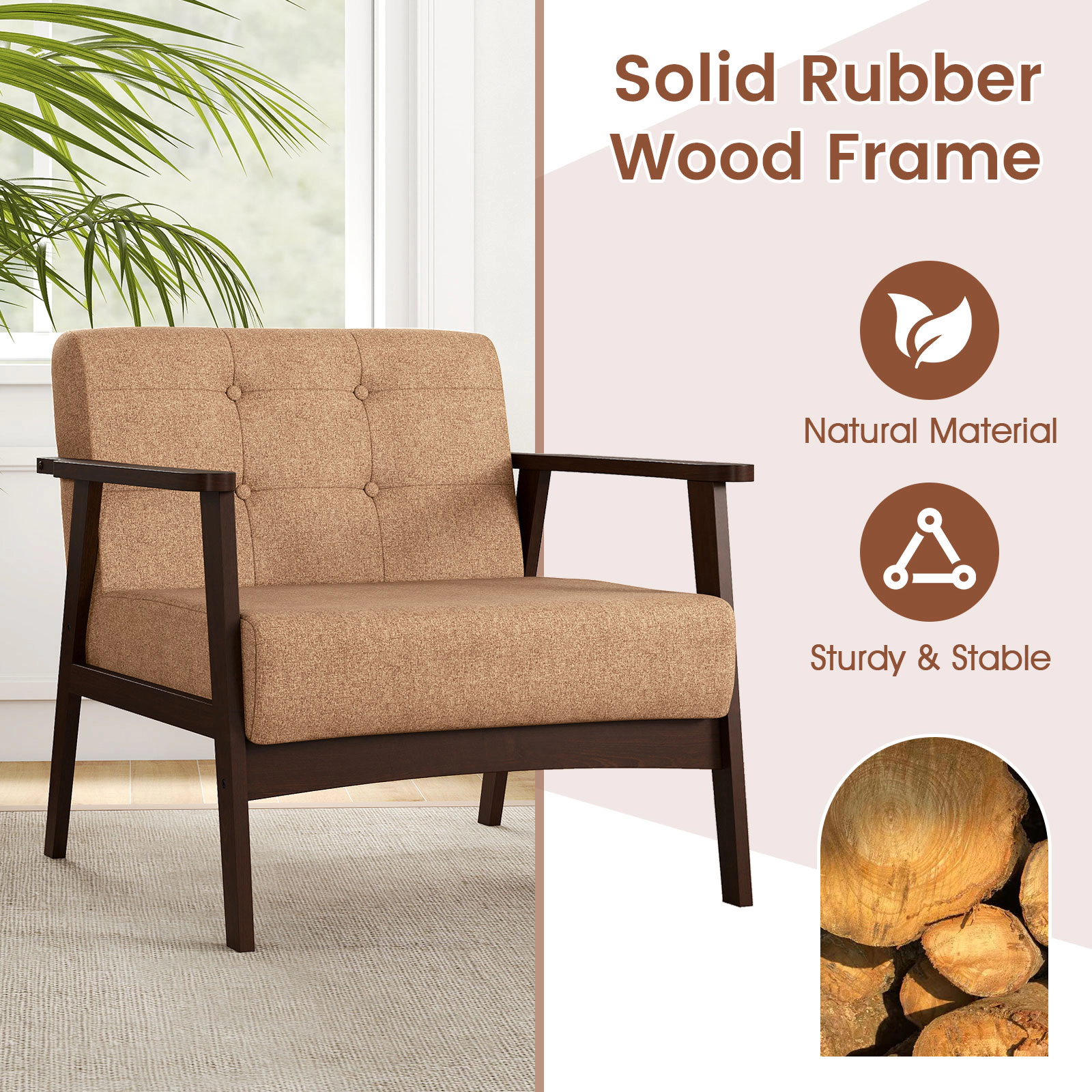 SUGIFT Rubber Wood Frame Accent Chair with Armrest 23-in Seat Depth 330-lb Capacity 1-Piece Beige