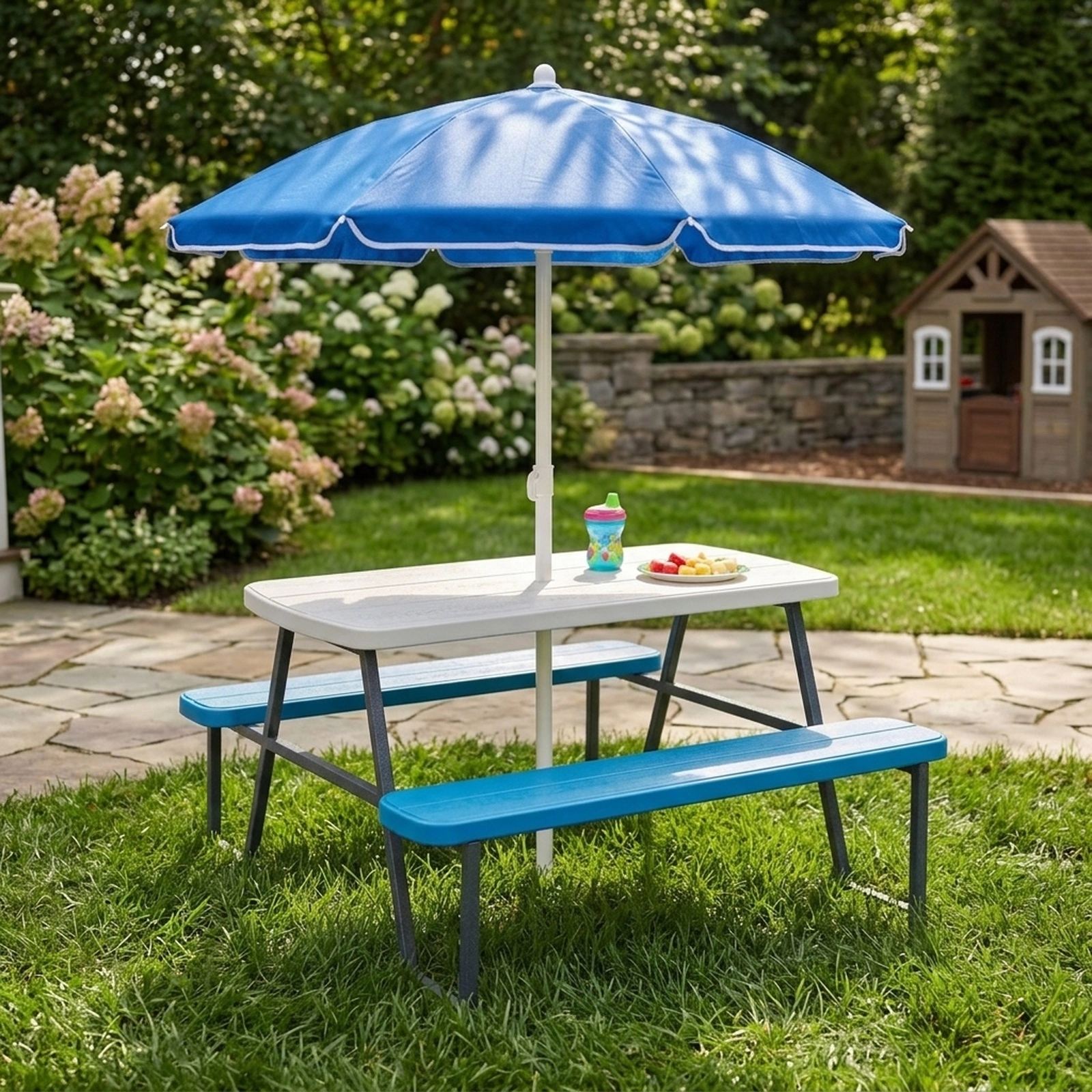 SUGIFT Kids’ Picnic Table Set with Umbrella, Blue HDPE Table and Benches for 4