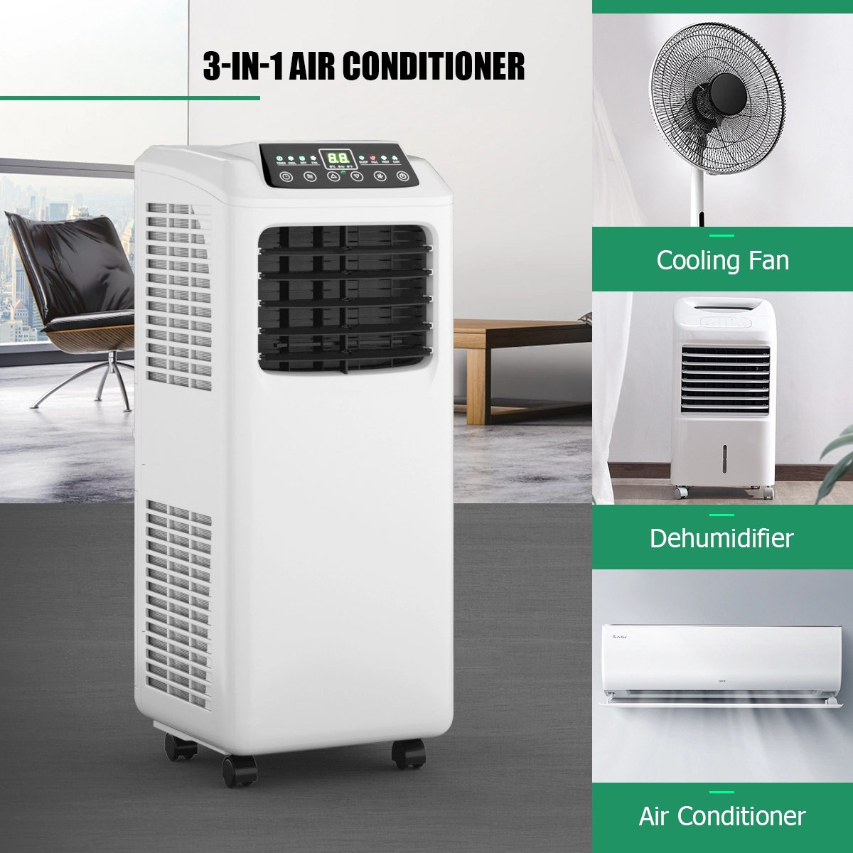 SUGIFT Black and White 9000-BTU 250-sq ft Portable Air Conditioner with Built-in Dehumidifier and LED Panel