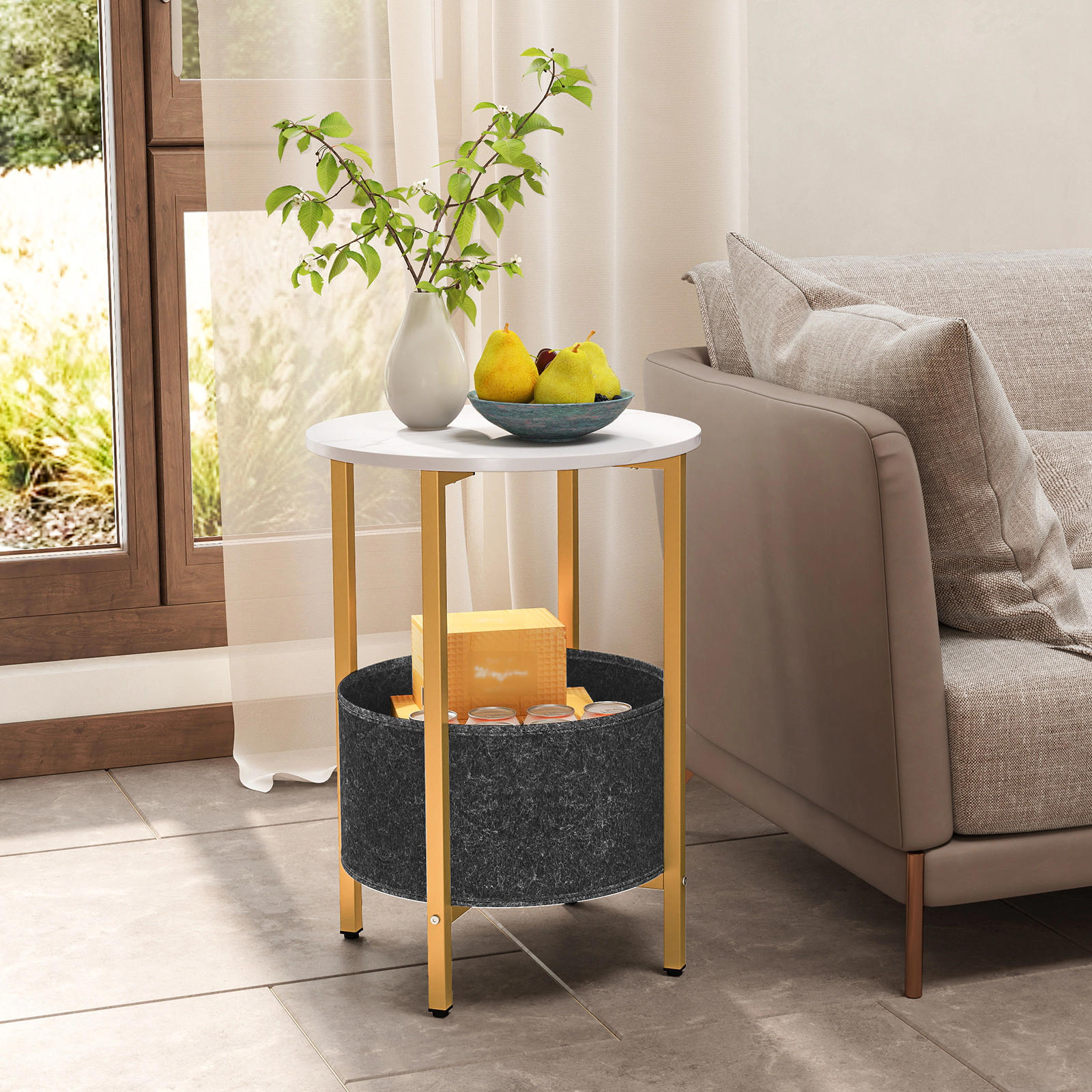 Glintex Round 2-Tier Side Table with Removable Felt Basket and X-Shaped Metal Base, White