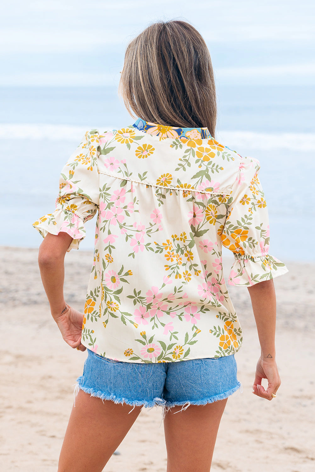 Threaded Pear Women's Gwen Crochet V Neck Boho Floral Blouse
