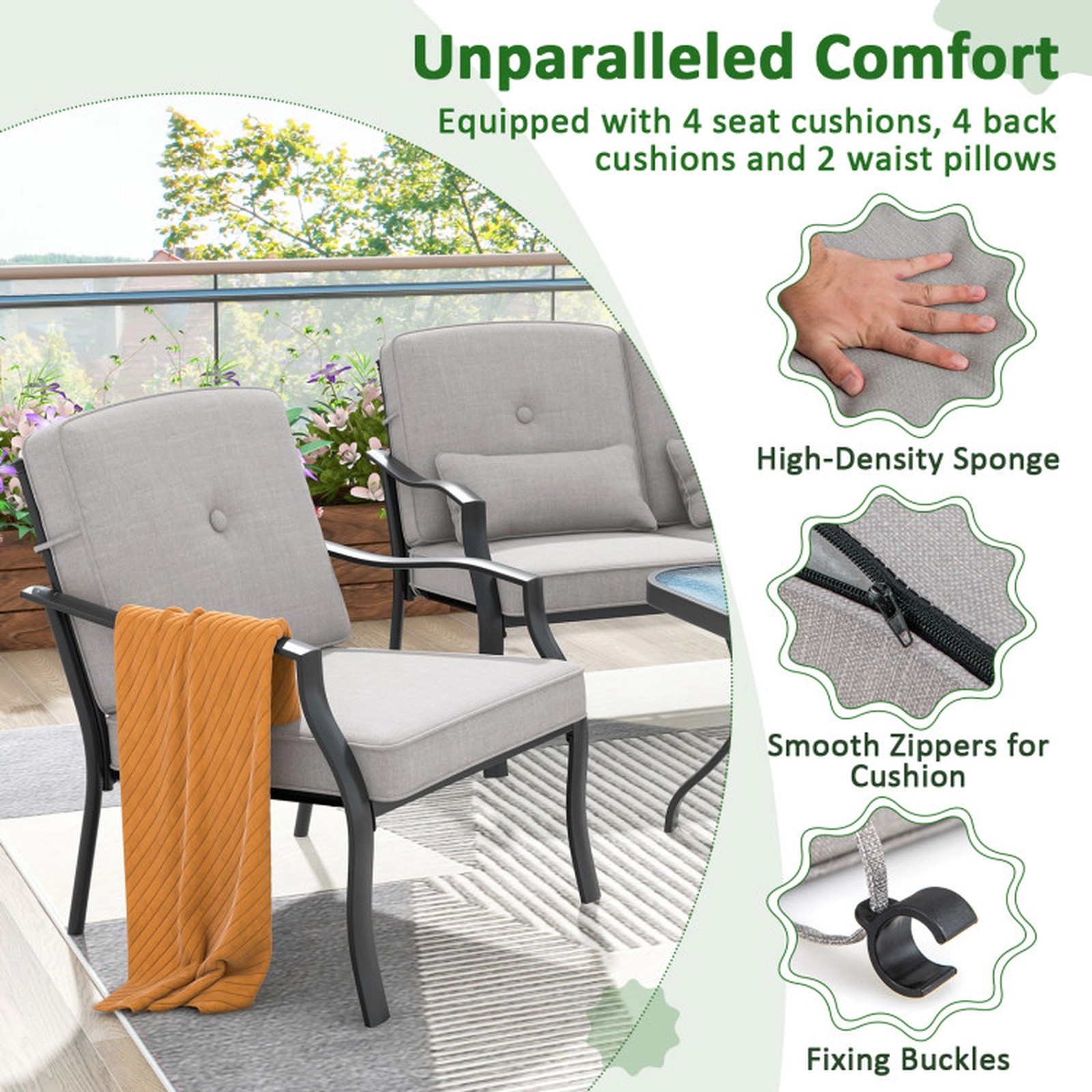SUGIFT Patio Metal Chairs with Seat and Back Cushions 330-lb Capacity Black Frame Gray Cushion