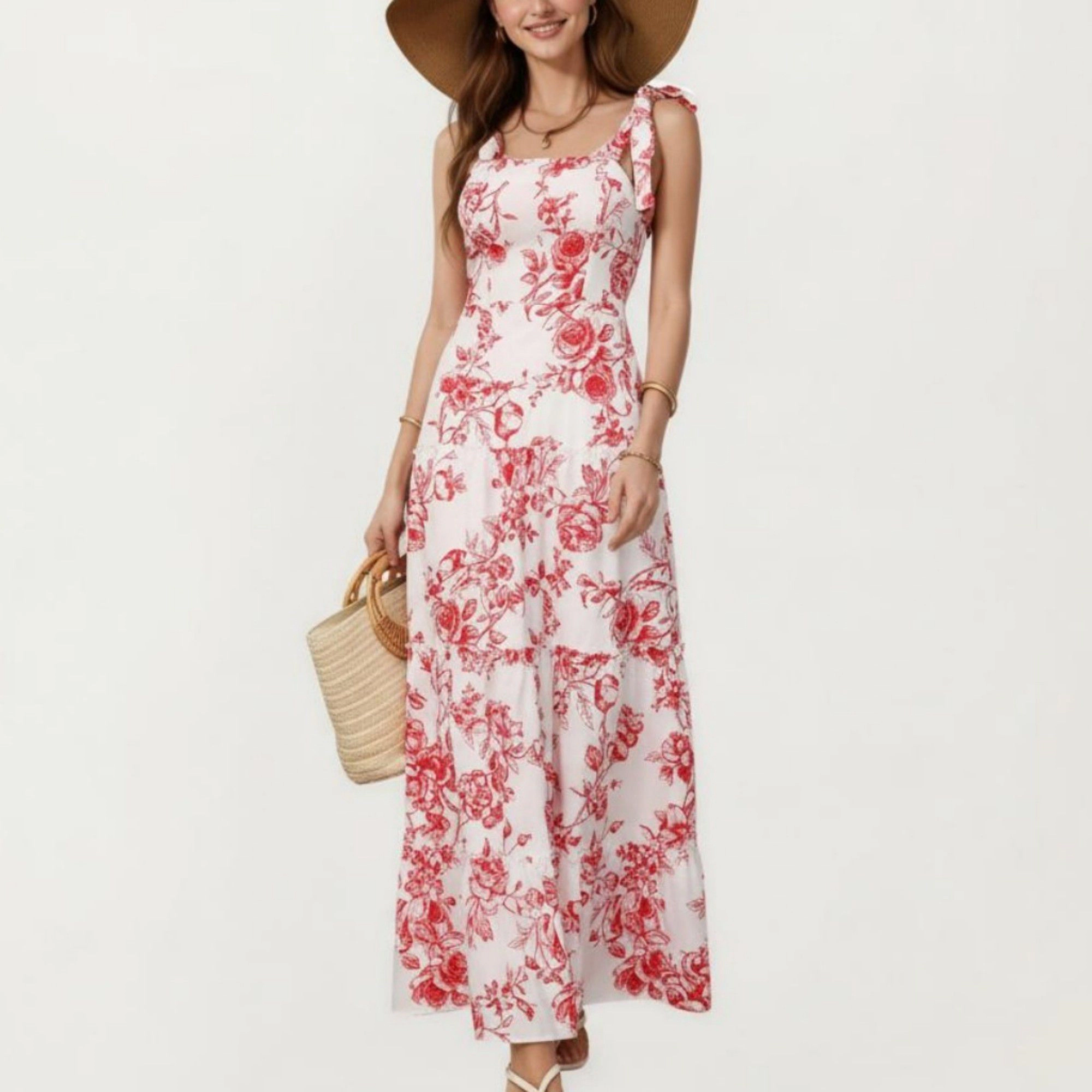 Anna-Kaci Women's Sleeveless Floral Ruffle Strap Detail Square Neck Tiered Skirt Flowy Maxi Dress