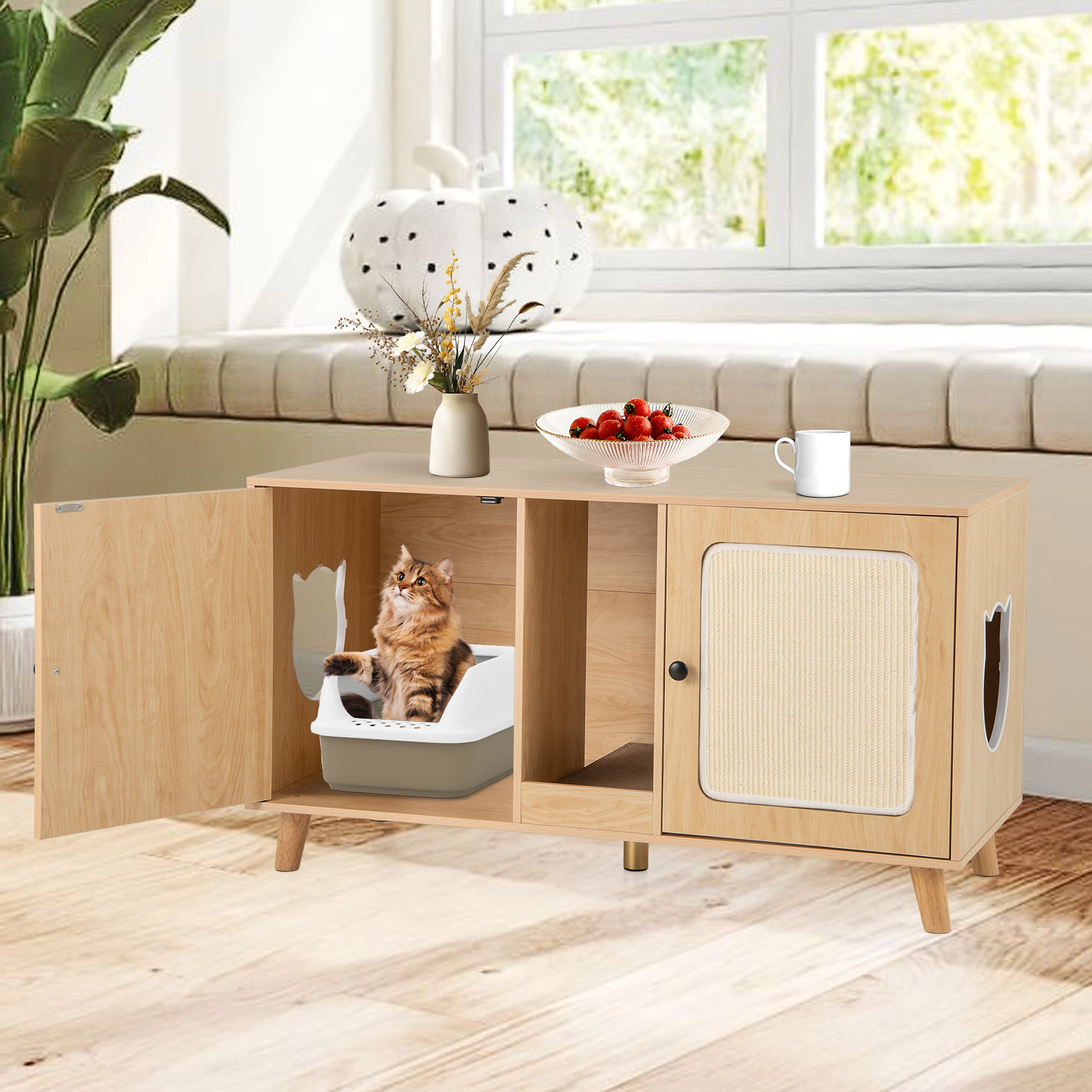 SUGIFT Natural Double Room Cat Litter Box Enclosure with 2 Sisal Scratching Mats 43-in W 20-in D 24-in H
