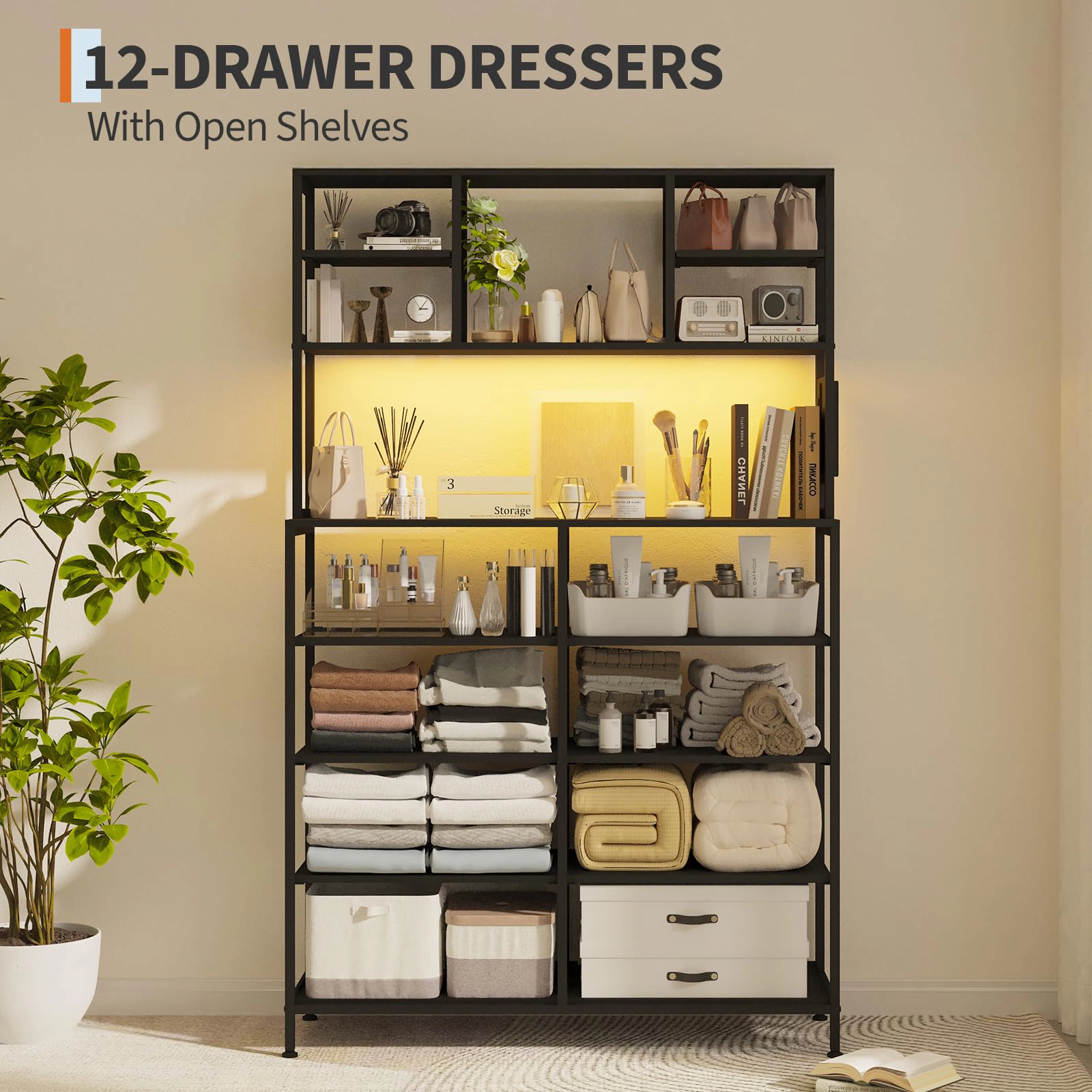 12 Drawer Fabric Dresser with LED Lights, Power Outlet & Open Shelves, Wood Top Metal Frame