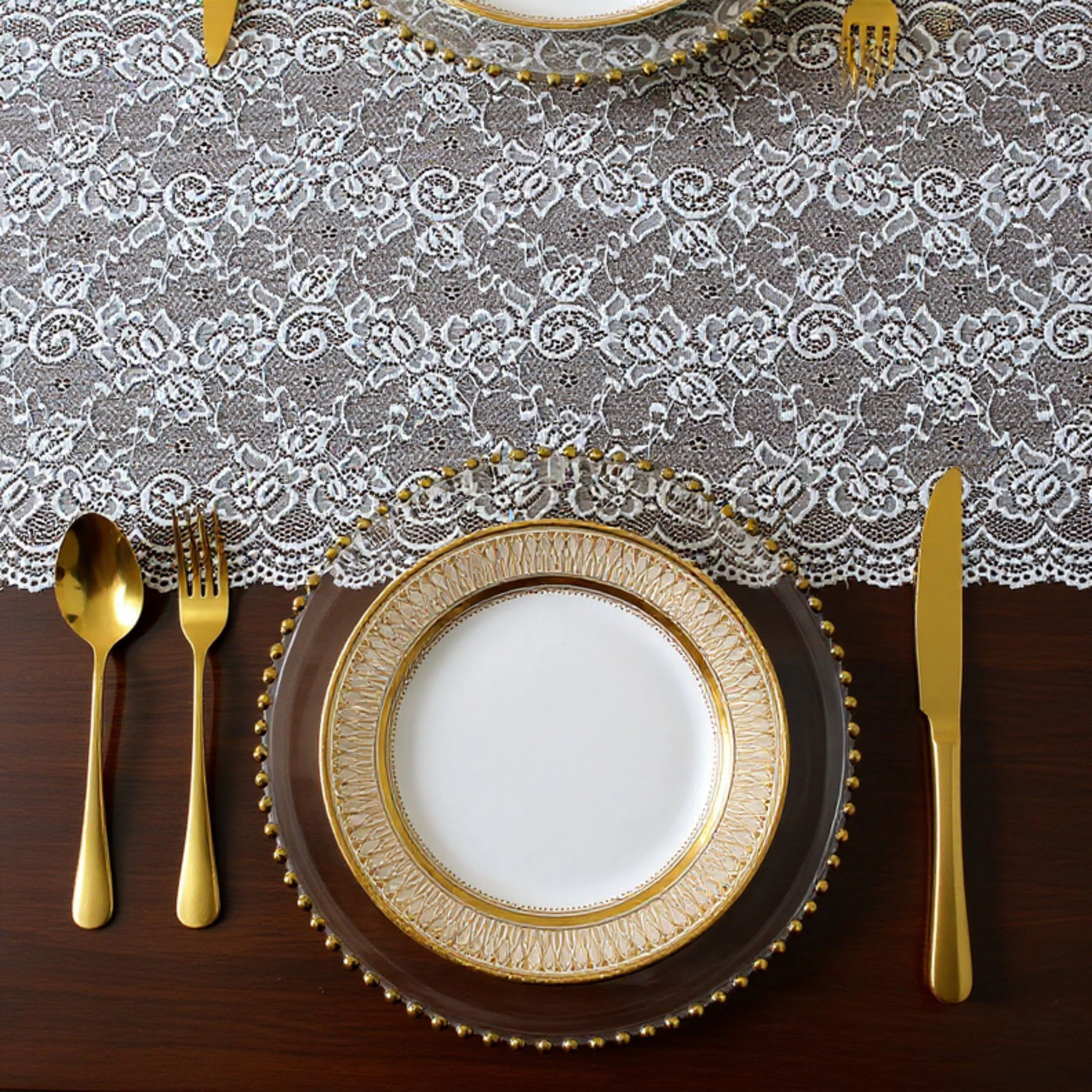 Alilang Women Floral Lace Table Runner with Scalloped Edges and Sheer Overlay