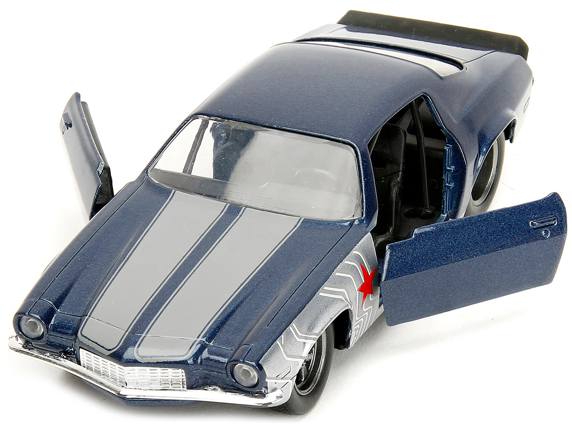Jada 1973 Chevrolet Camaro Dark Blue Metallic with Gray Stripes and Winter Soldier Diecast Figure "Marvel