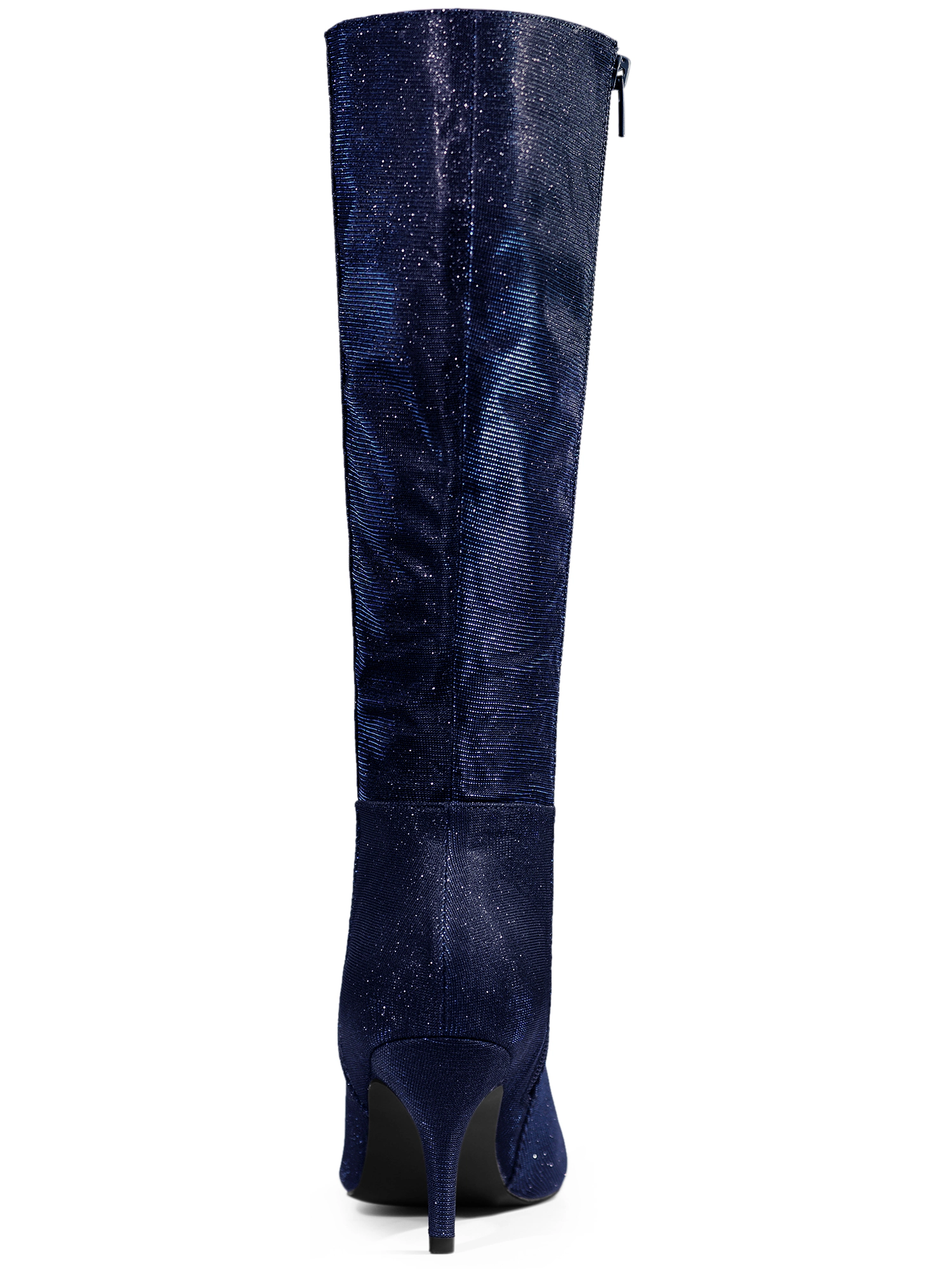 BLISSFUL STEP Women Sparkle Glitter Pointy Toe Stiletto Heel Knee High Boots