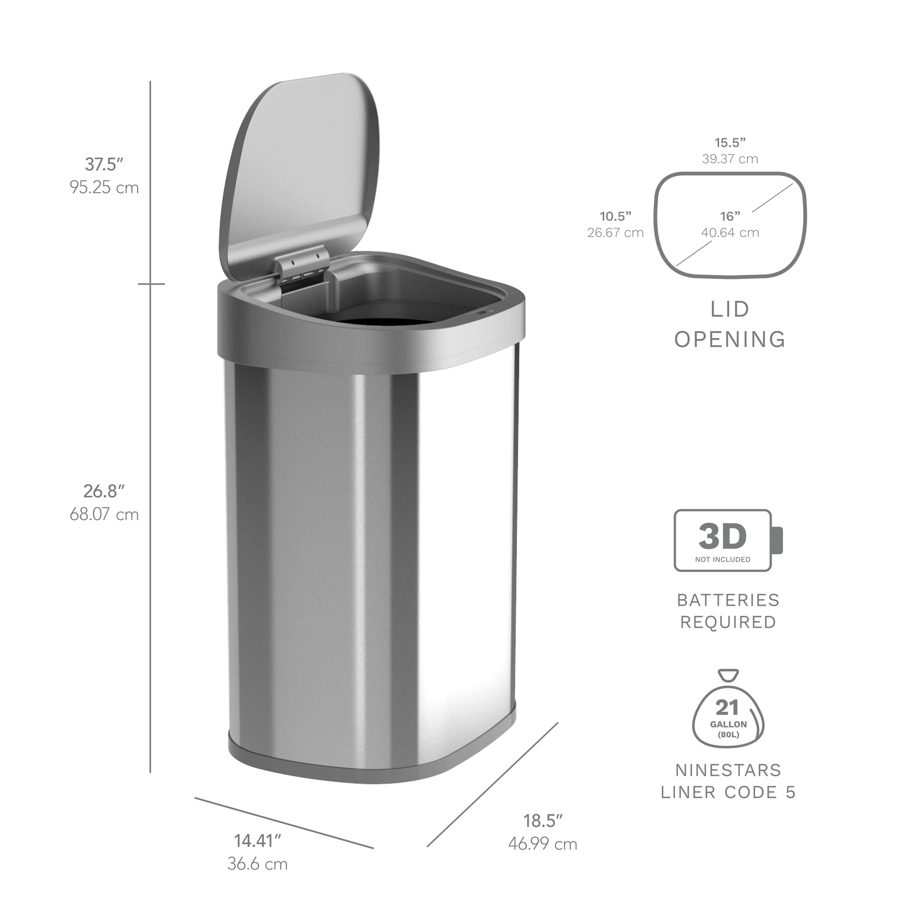 Ninestars D-Shape 21-Gallon Stainless Steel Motion Sensor Trash Can