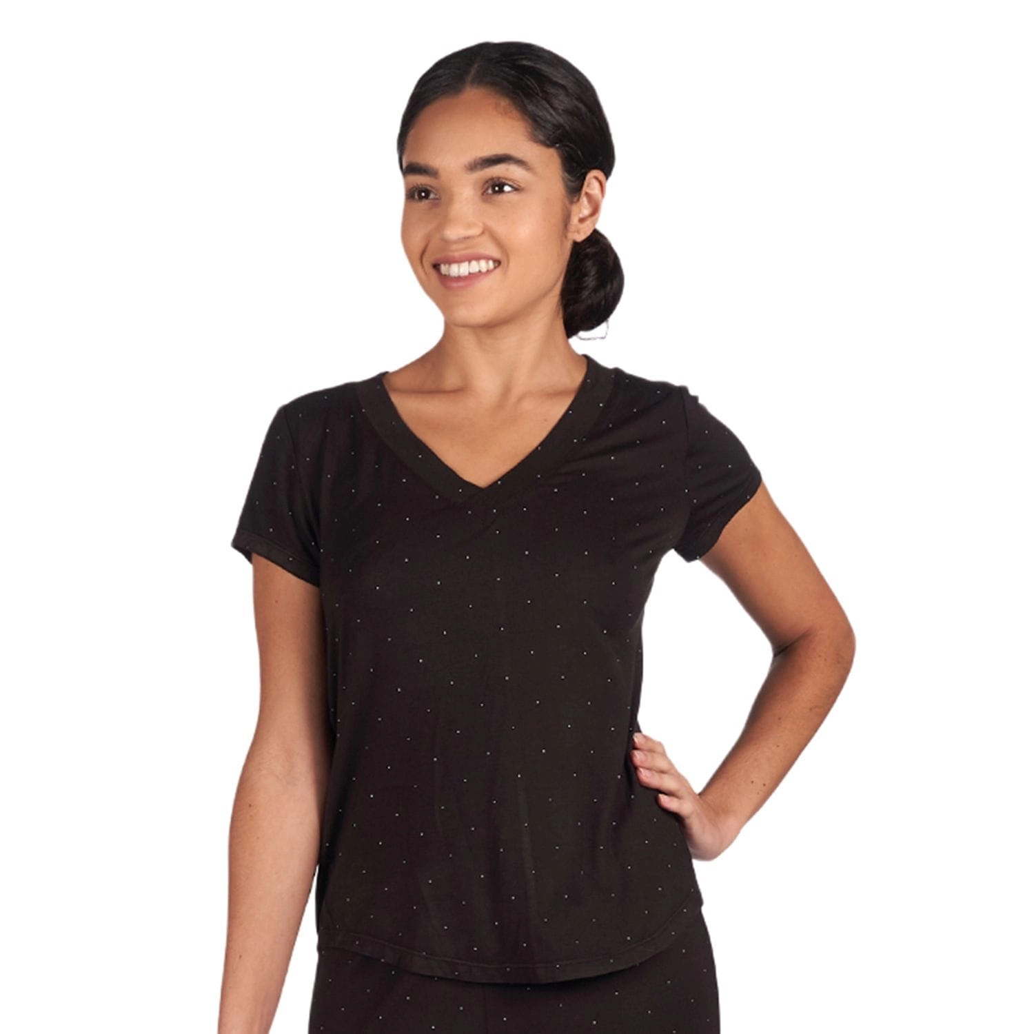 Memoi Women's Polka Dot Bamboo Blend Short Sleeve V-Neck Top